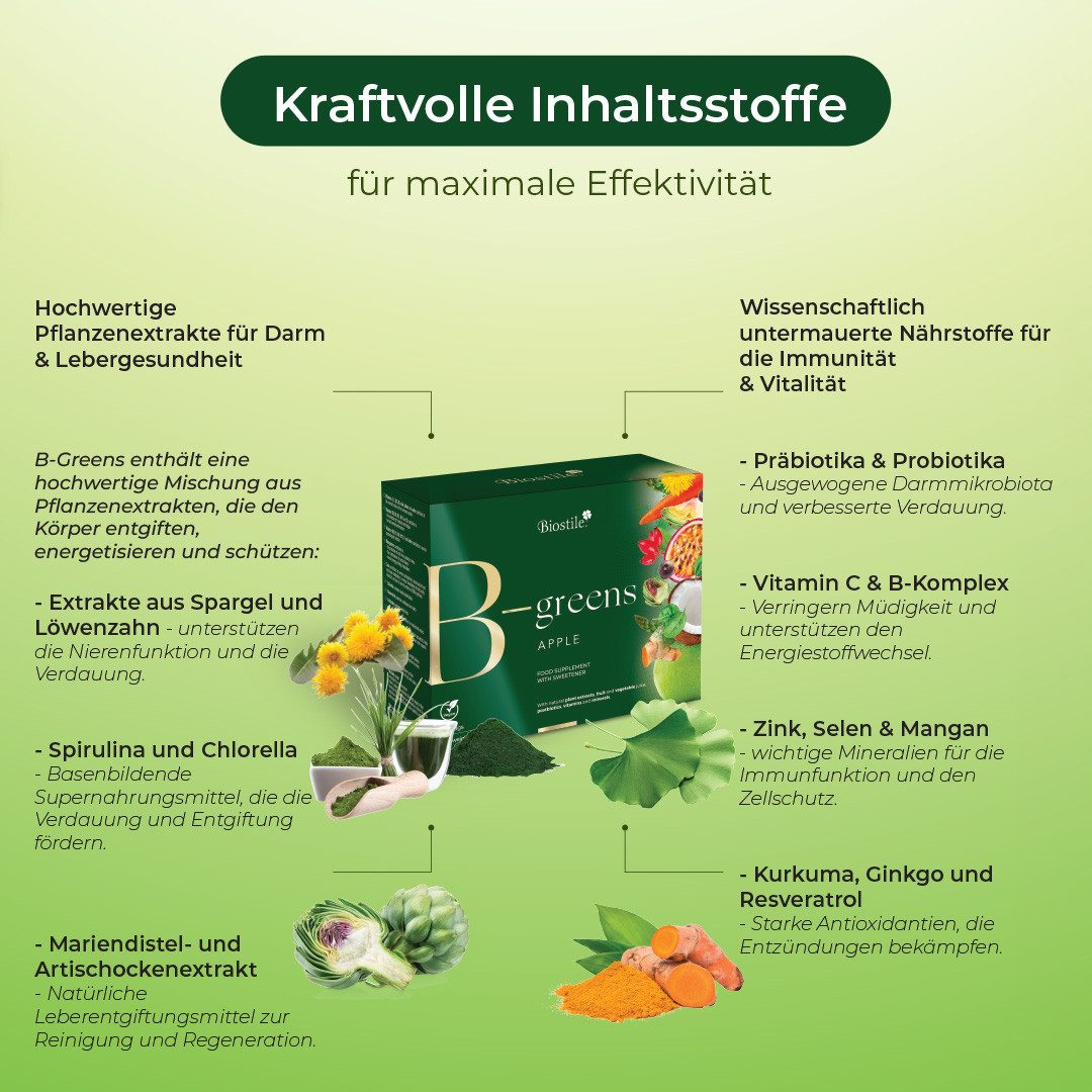 Biostile B-Greens Pulver mit Postbiotika für Verdauung, Energie, Immunsystem - Beutel, 273 g, Mit Spirulina, Chlorella und Artischocke, 30 Beutel