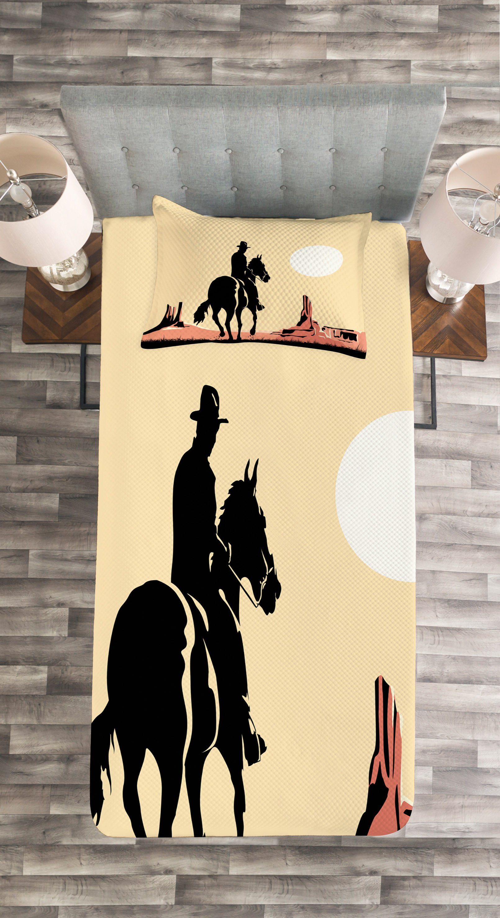 Western Set Cowboy-Pferd Kissenbezügen mit Tagesdecke Waschbar, Sonnenuntergang Abakuhaus,