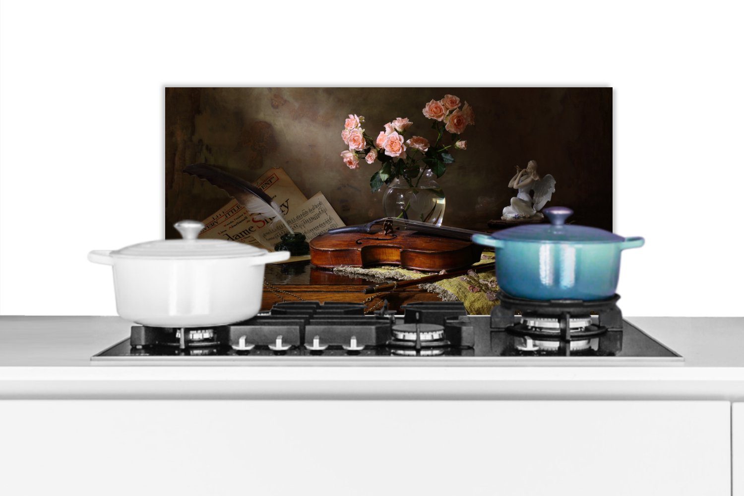 MuchoWow Küchenrückwand Violine - Rosen - Rosa - Blumen - Stilleben, (1-tlg), 60x30 cm, Wandschutz, gegen Fett und Schmutzflecken für Küchen