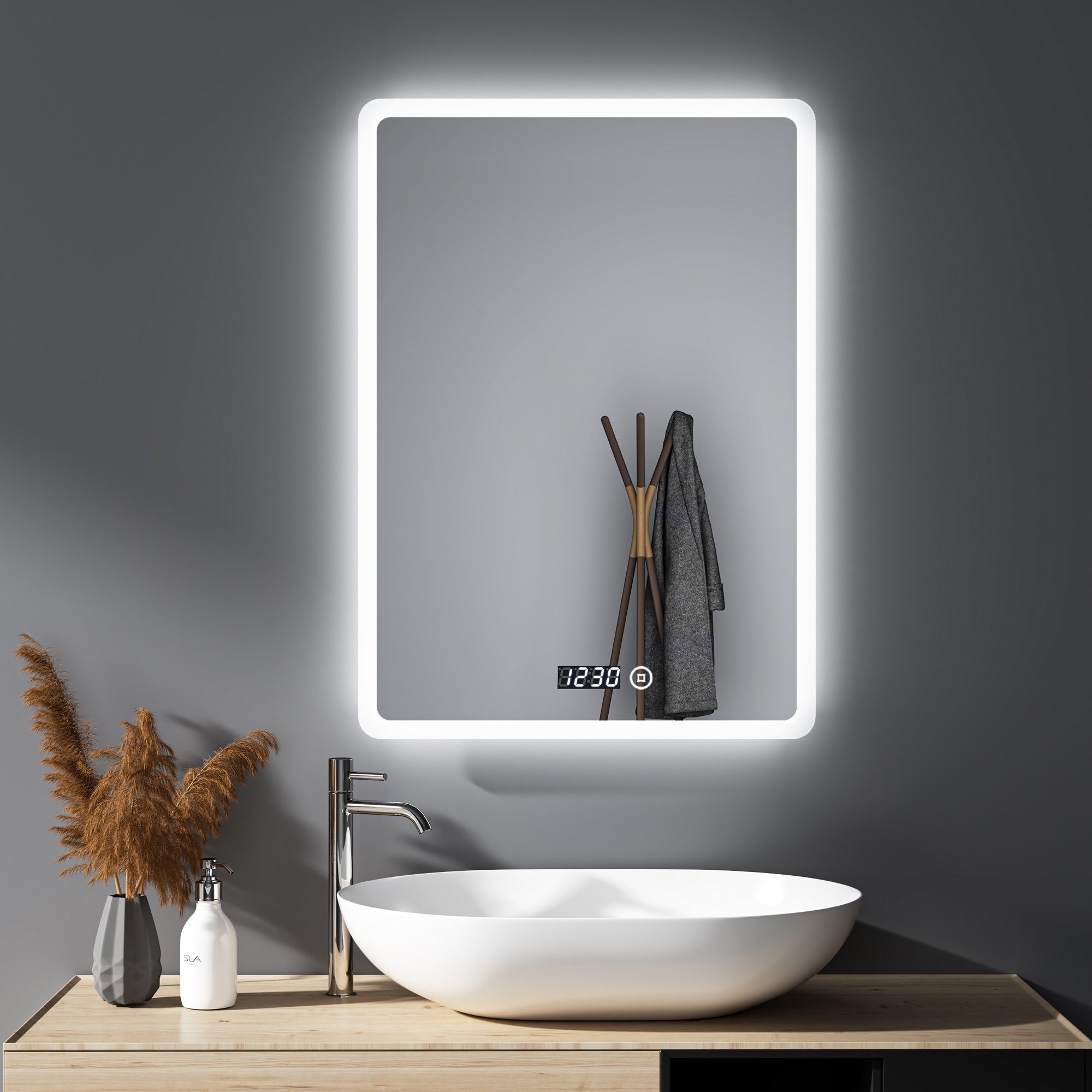 WDWRITTI Badspiegel Led Touch Uhr 50x70 dimmbar Helligkeit 3Farben  Wandschalter Memory (Wandspiegel Badezimmerspiegel mit beleuchtung,  Wandschalter, Kaltweiß, Warmweiß, Neutralweiß), energiesparender, IP44