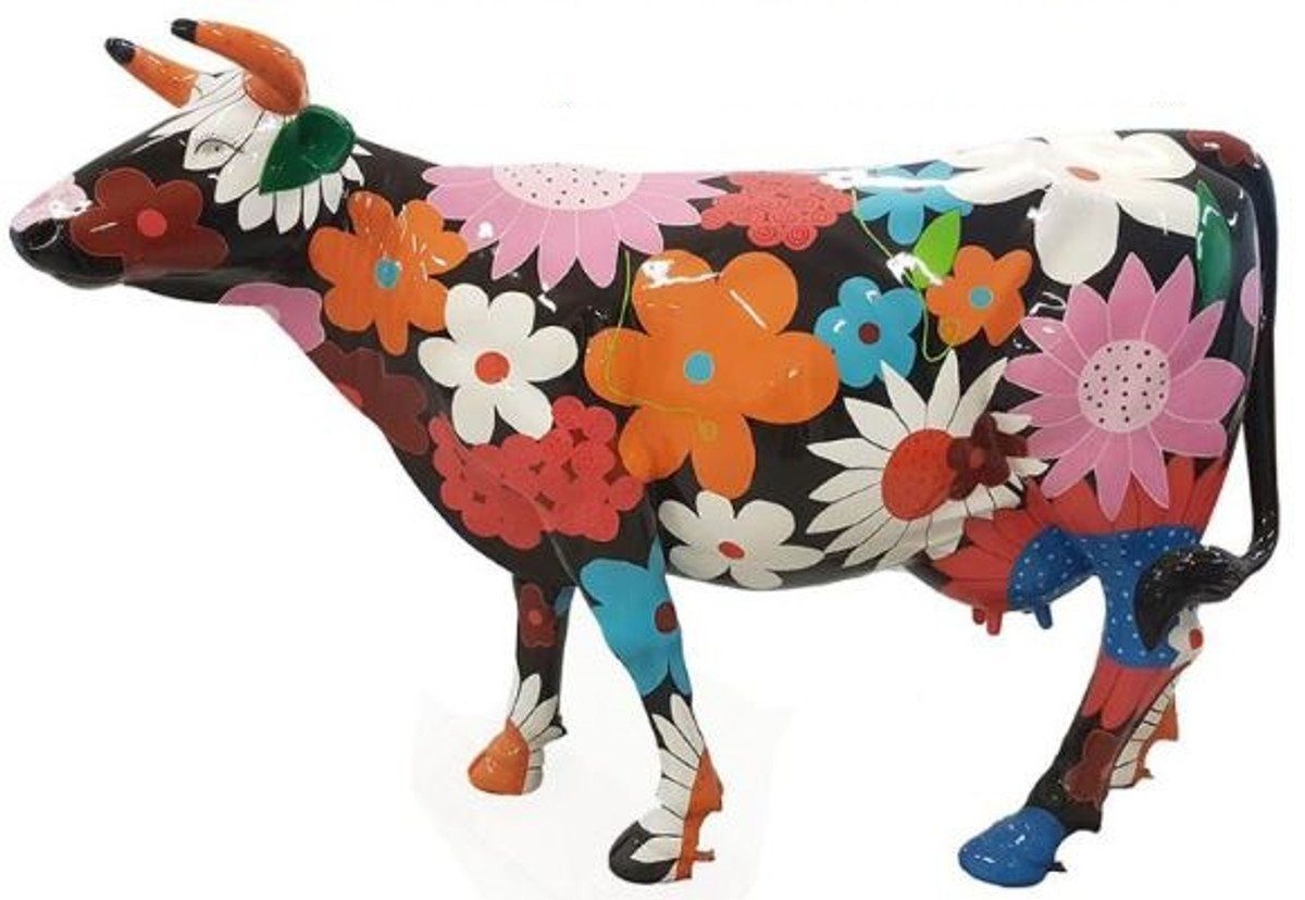 Casa Padrino Skulptur Designer Gartendeko Skulptur Kuh mit Blumen Design Schwarz / Mehrfarbig 210 x 55 x H. 147 cm - Riesige wetterbeständige Dekofigur - Lebensgroße Tierfigur