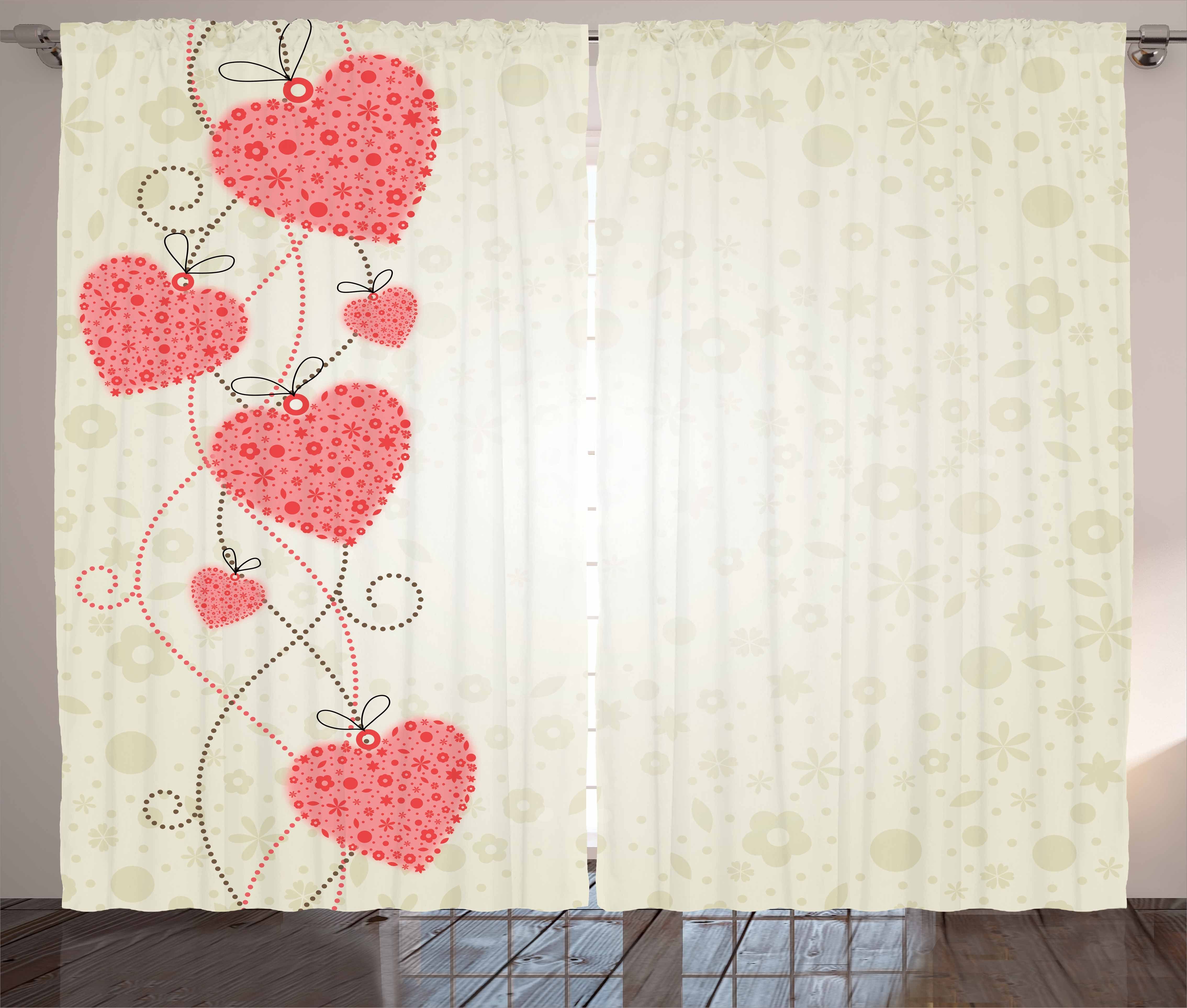 Romantisch Kräuselband und Haken, Vorhang Motiv Schlafzimmer Gardine Abstraktes Herzen Abakuhaus, mit Schlaufen