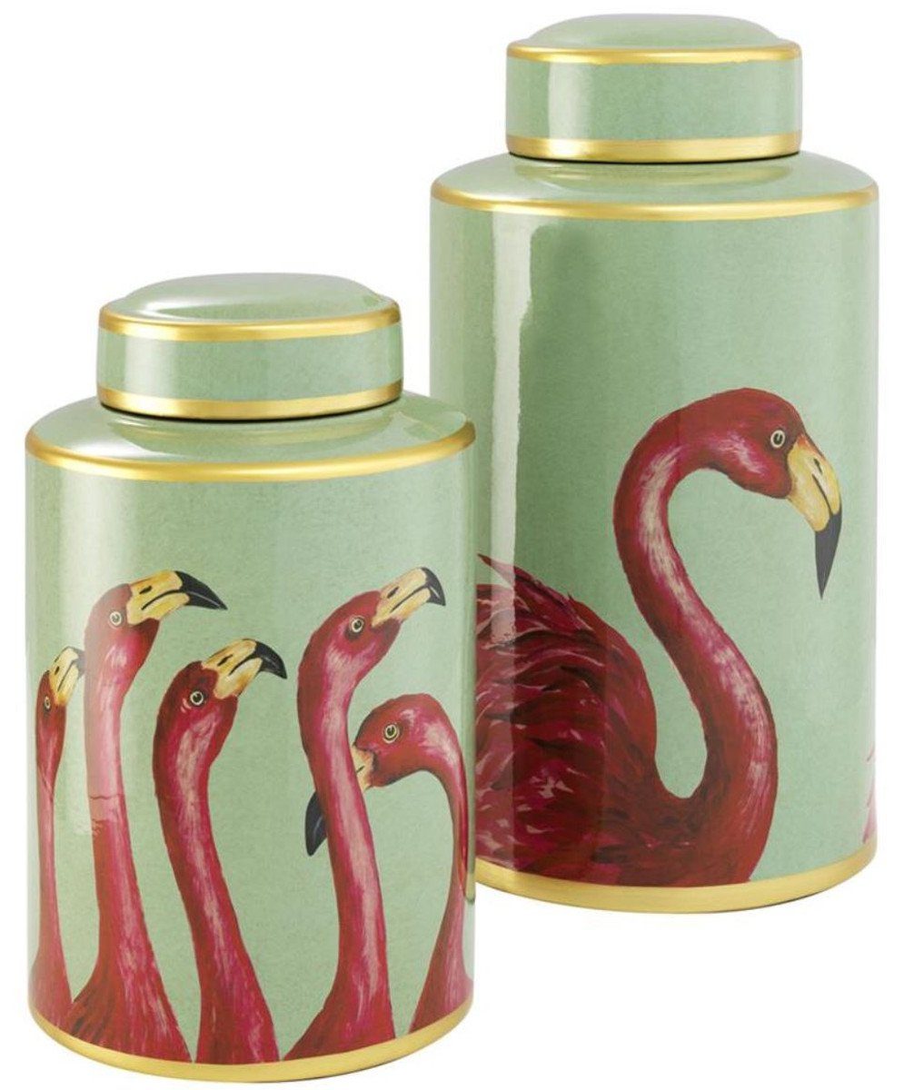 Porzellan Dekoobjekt - Padrino mit Deckel / Dosen Set Casa Gold Dosen Luxus Mehrfarbig Flamingos Deko