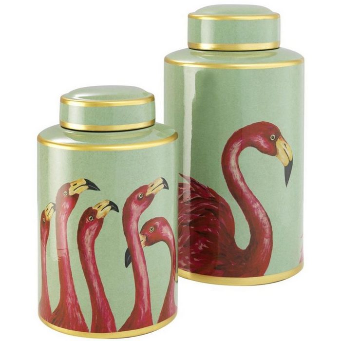 Casa Padrino Dekoobjekt Porzellan Dosen Set Flamingos Mehrfarbig / Gold - Luxus Deko Dosen mit Deckel