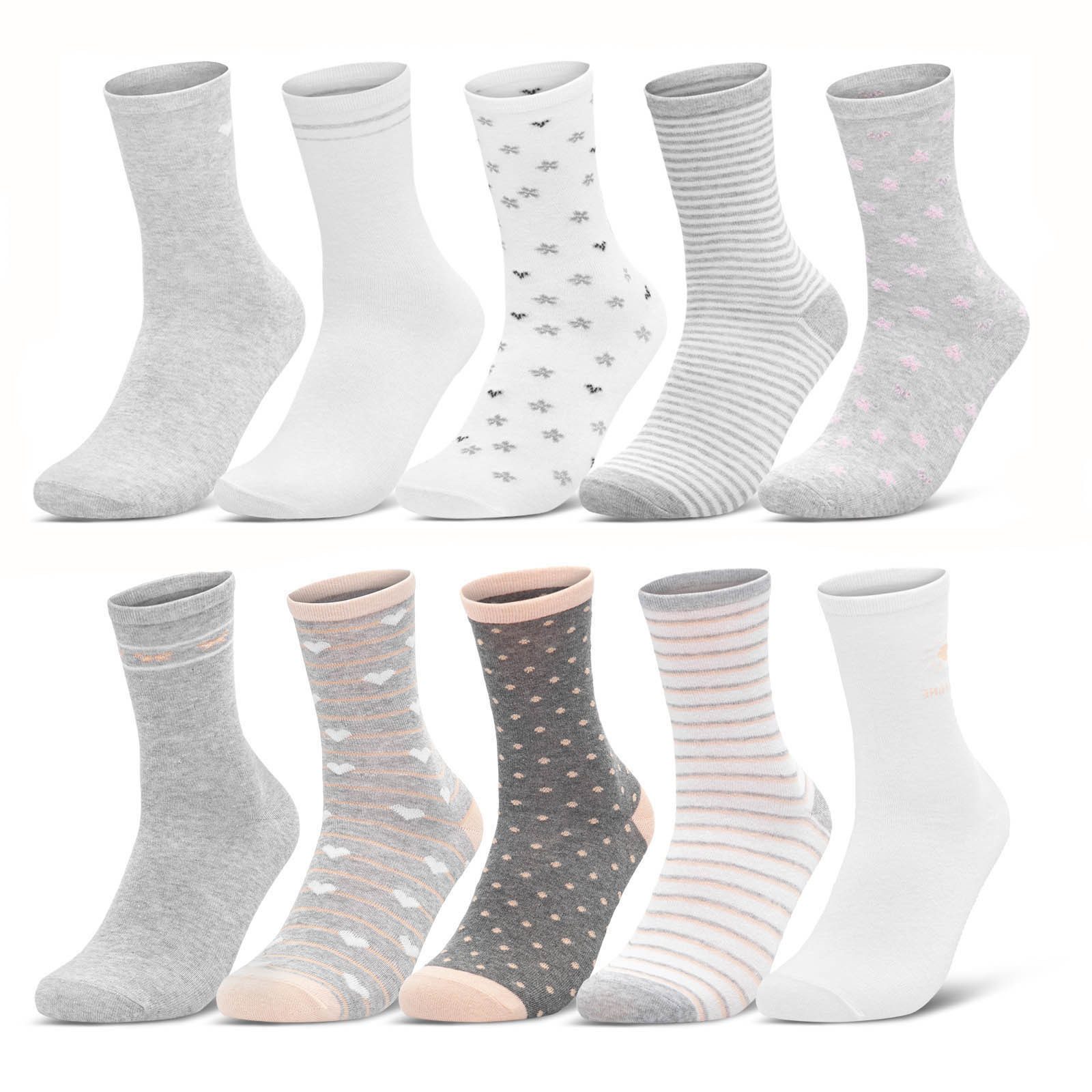 sockenkauf24 Basicsocken 10 Paar Damen Socken Mehrfarbig Streifen Punkte (34911/1+2, 39-42) Herzen Maritim Baumwolle