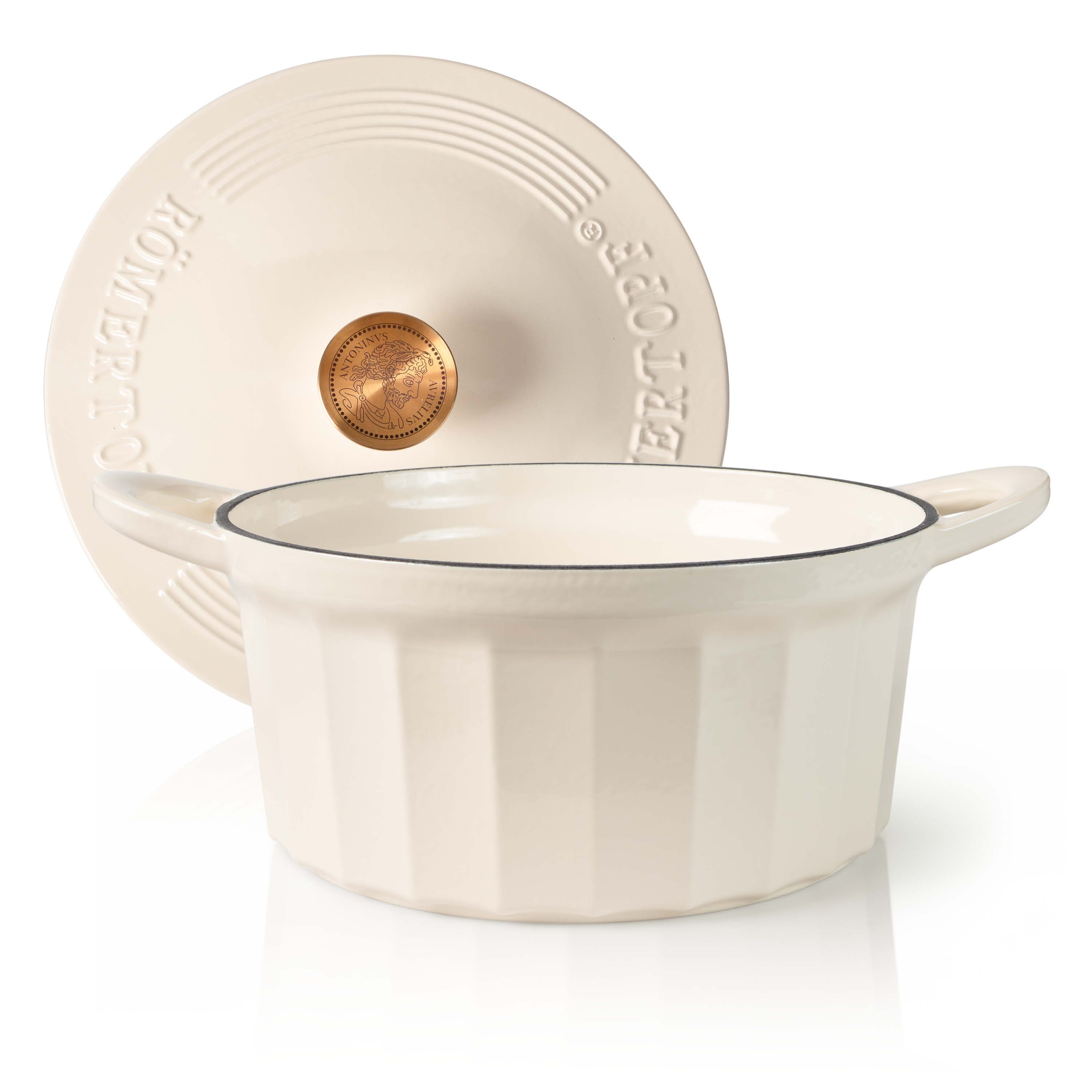 RÖMERTOPF Bratentopf Gusseisen Topf 24cm Creme, Gusseisen (Set, 2-tlg., Set mit Deckel), Backofengeeignet Induktionsgeeignet Zum Braten, Schmoren, Kochen