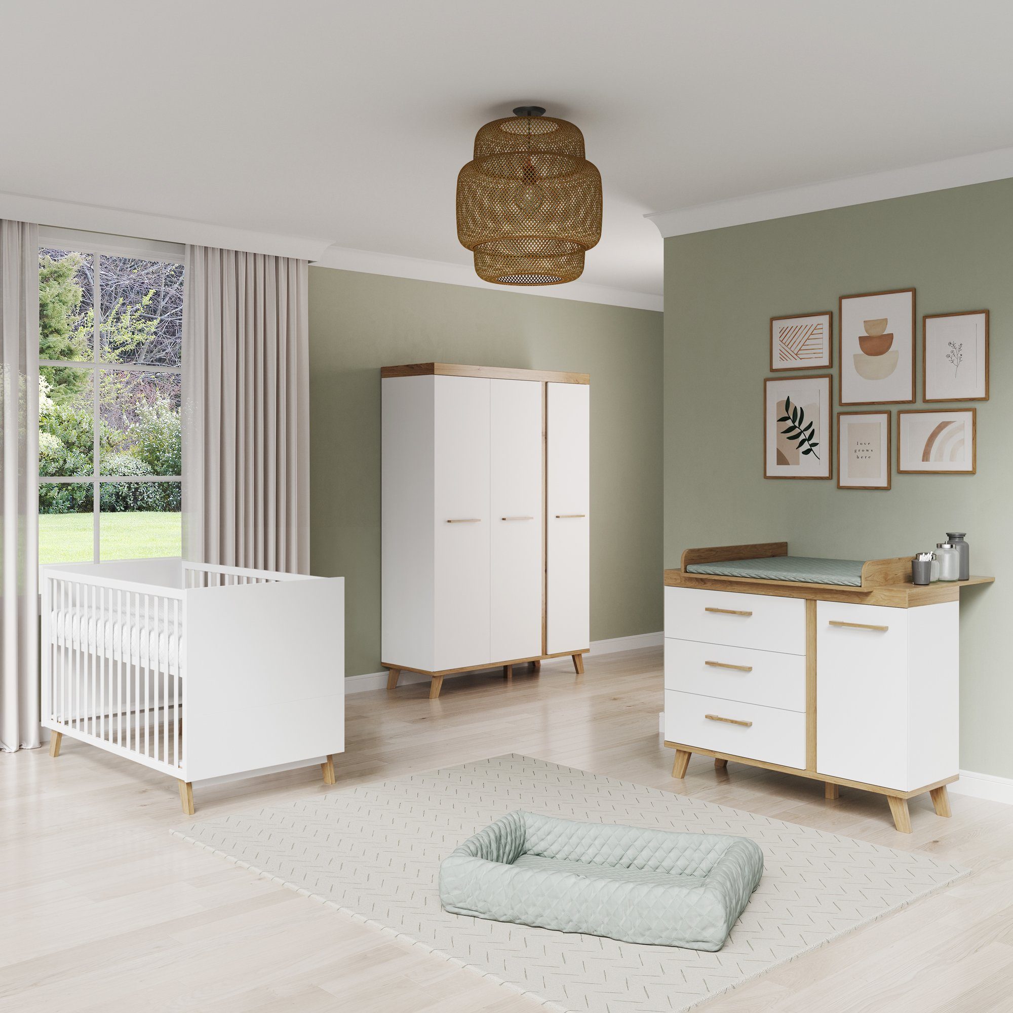 roba® Babyzimmer-Komplettset Smile, (3-St), Füße aus Massivholz, Weiß & Dekor Artisan-Eiche