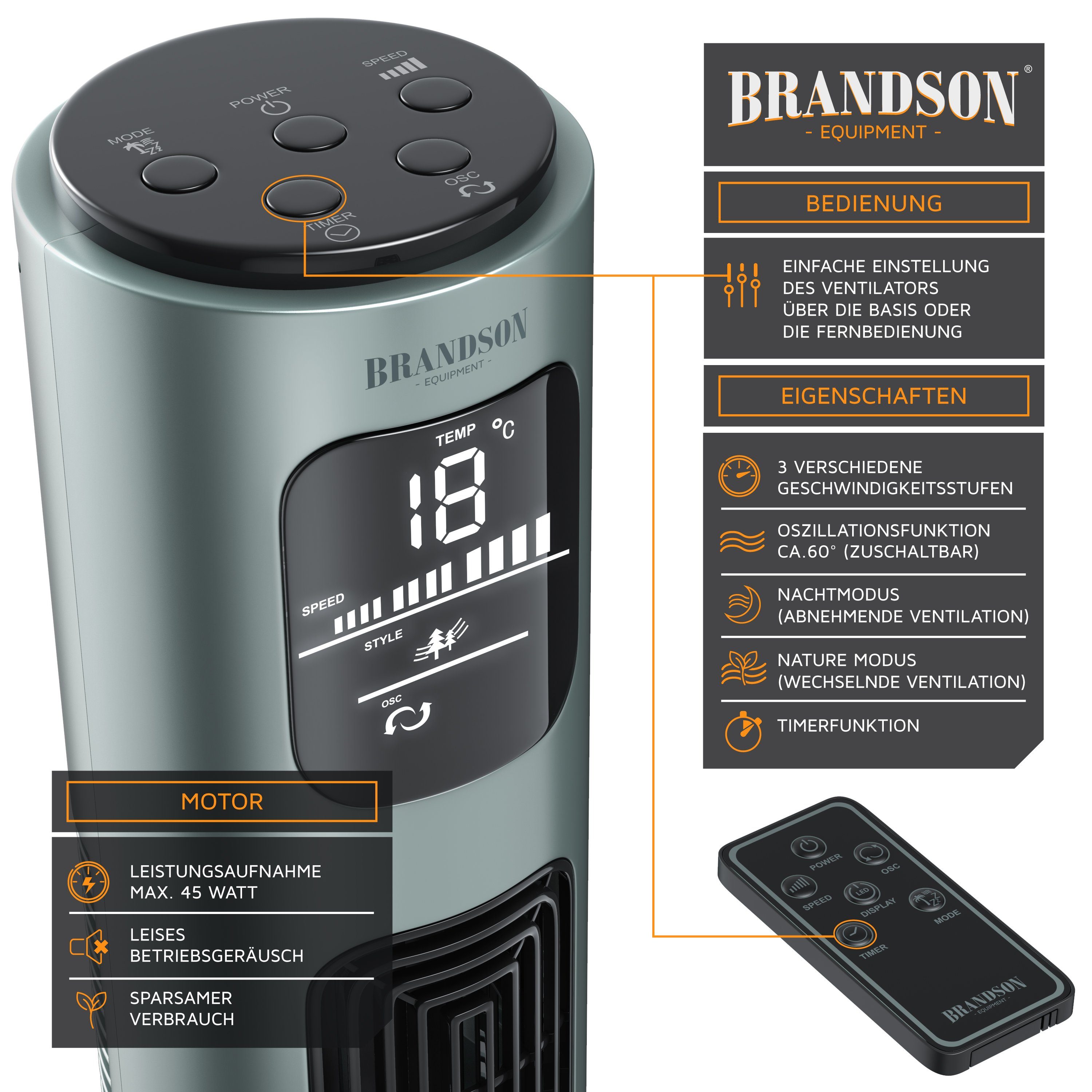 Brandson Turmventilator Oszillation, Timer, Fernbedienung, Standventilator 96cm, Silbermint, Preisträger 2025, mobiler Lüfter leise, 4 Lüftungs-Modi, GS-Geprüft