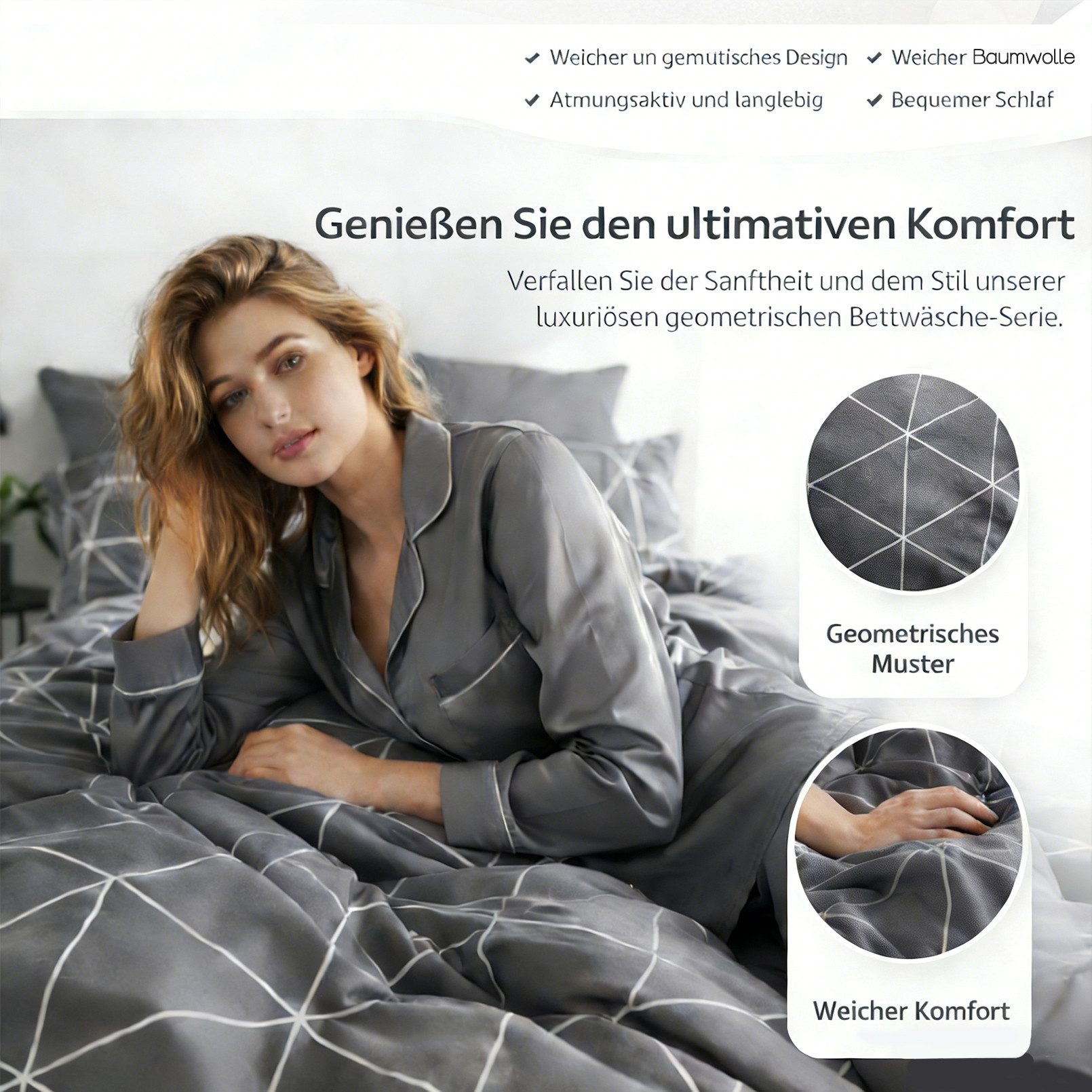 KEAYOO Bettwäsche Geometrisches Muster Bettwäsche, 2 teilig, Grau Bettwäsche Baumwolle Mit Reißverschluss – Bild 3 von 5