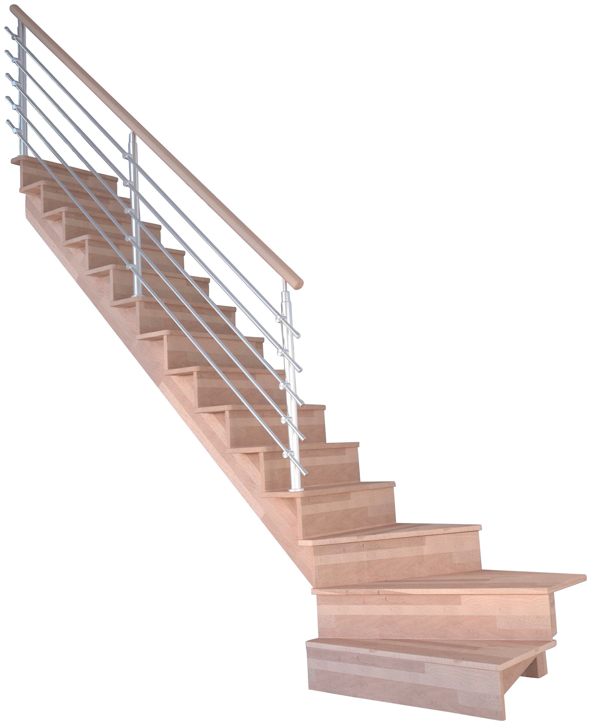Starwood Systemtreppe Massivholz Lindos, Design-Geländer Edelstahl, für Geschosshöhen bis 300 cm, Stufen geschlossen, gewendelt Links, Durchgehende Wangenteile