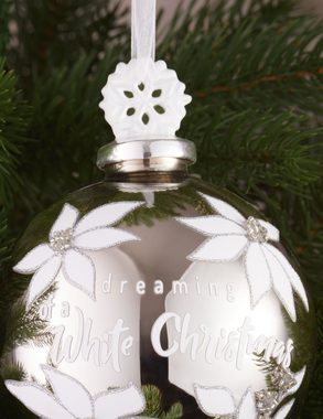 BRUBAKER Weihnachtsbaumkugel Premium Weihnachtskugel Dreaming of a White Christmas - 10cm Baumkugel (1 St), Christbaumkugel aus Glas mit Schneeflocken Figur - Silber mit Glitzer