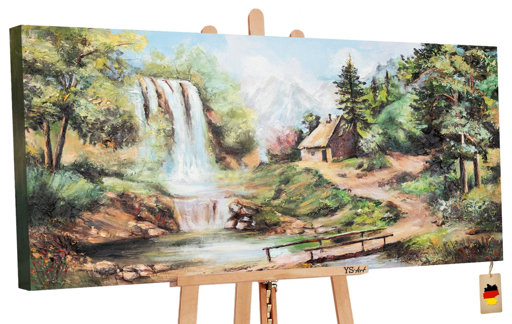 YS-Art Gemälde Landschaftsbilder, Wasserfall Bild Leben Dorf Hütte Handgemalt Leinwand Bach Wasserfall