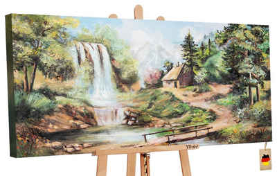 YS-Art Gemälde Wasserfall, Landschaftsbilder, Dorf Leben Wasserfall Bach Leinwand Bild Handgemalt Hütte