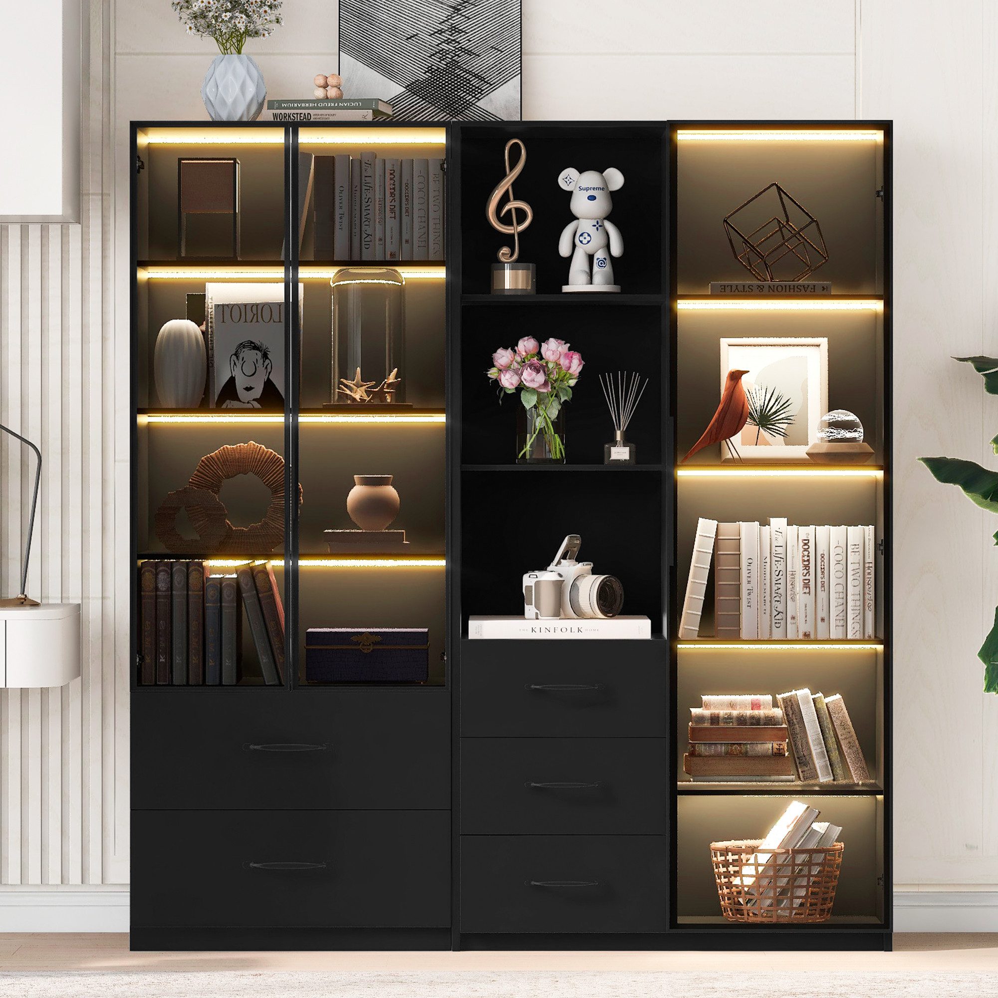 Flieks Vitrine Glasvitrine mit LED-Beleuchtung, 5 Schubladen und 3 Glastüren (1-St., B140/T40/H160 cm) Hochschrank Bücherregal Multifunktionsschrank mit Fächern Schwarz
