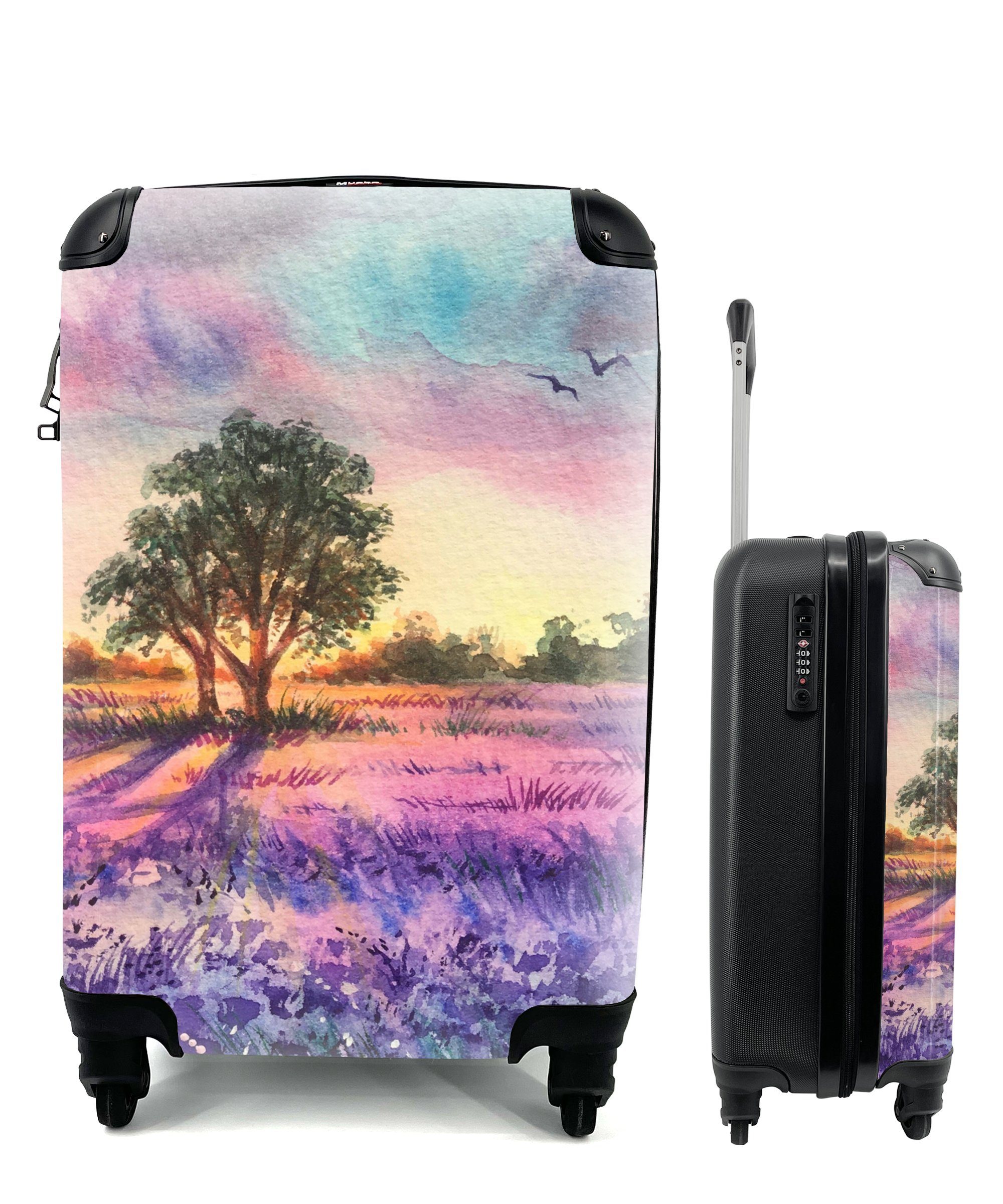 MuchoWow Handgepäckkoffer Lavendel - Farbe - Vögel - Bäume - Lila, 4 Rollen, Reisetasche mit rollen, Handgepäck für Ferien, Trolley, Reisekoffer