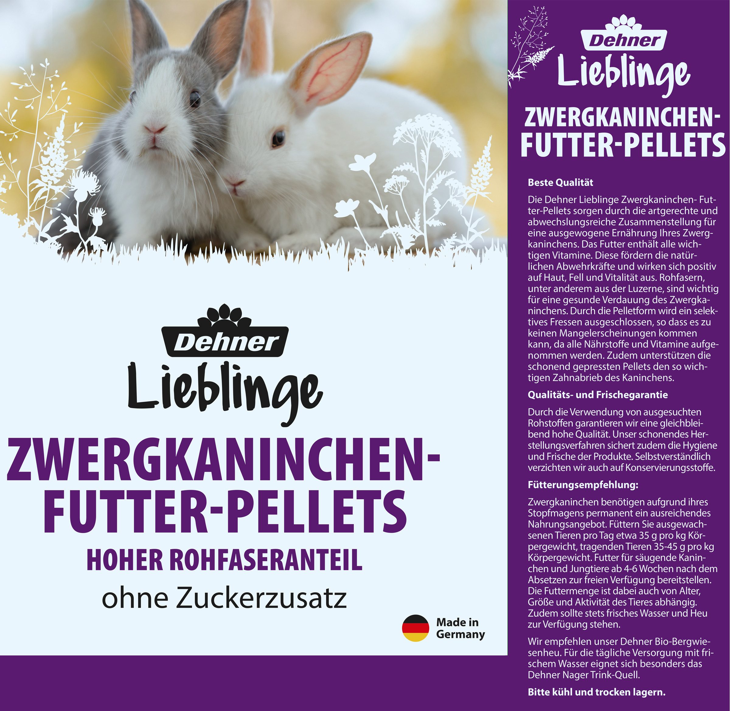 Dehner Lieblinge Zwergkaninchenfutter Pellets, 10 kg, ohne Zuckerzusatz, Ergänzungsfutter für: Zwergkaninchen, Kaninchen, Kleintiere, Nager, hochwertiges Hasenfutter, hoher Rohfaseranteil