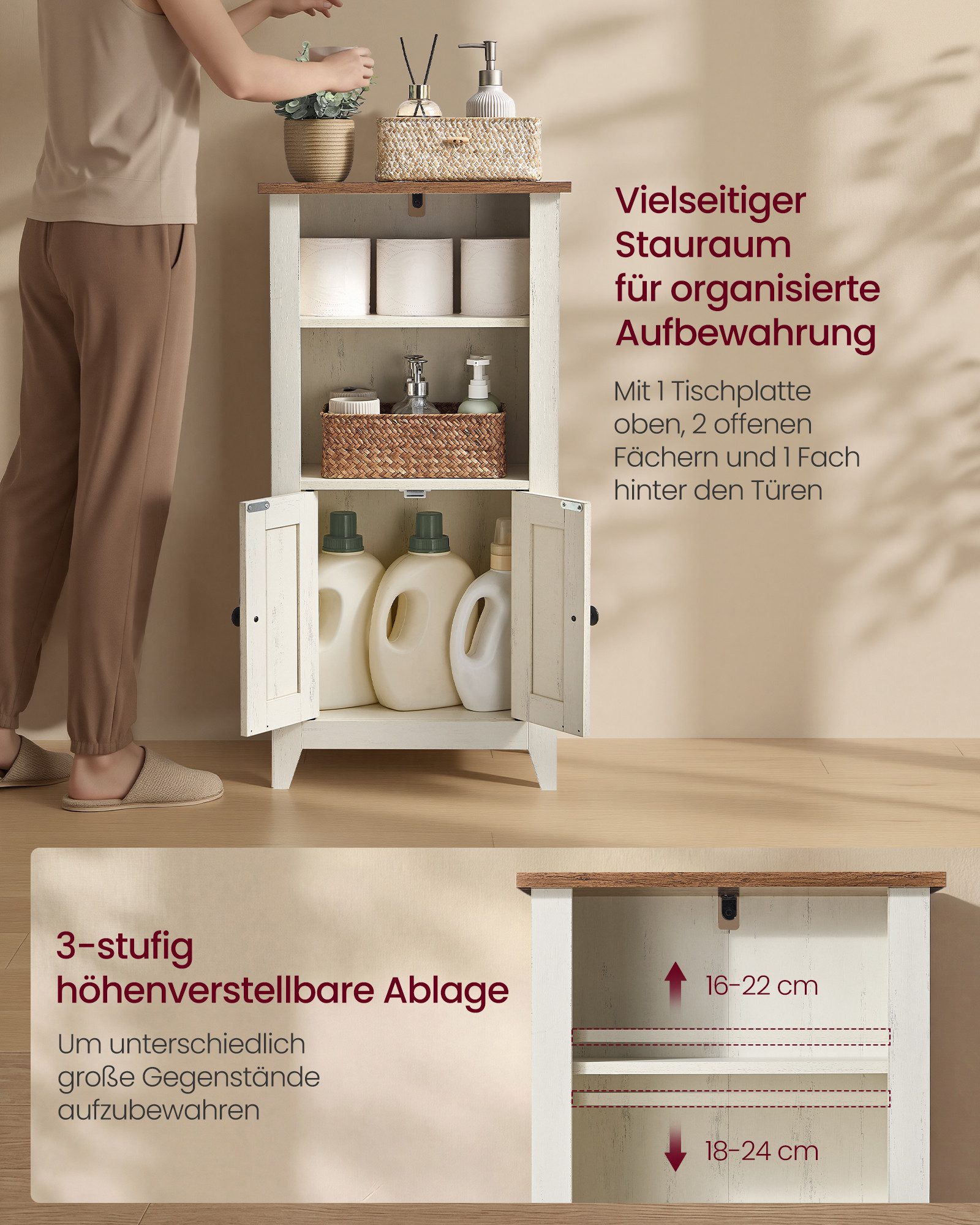 VASAGLE Badkommode Aufbewahrungsschrank Badschrank im Landhausstil, verstellbare Ablage, für Badezimmer, im Landhausstil, schmal, offene Fächer, mit Türen – Bild 5 von 5