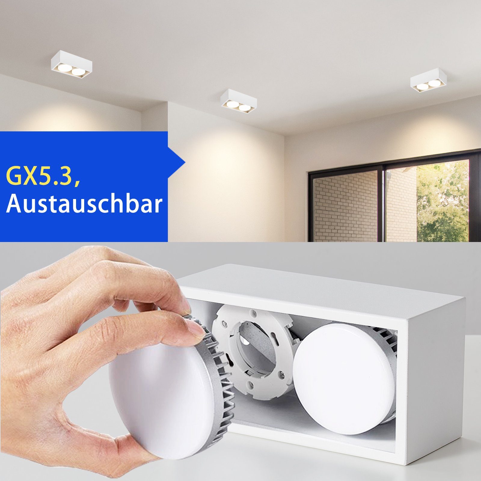 Küche Aufbaustrahler Deckenspots Aufputz Deckenstrahler - Aufbauleuchte LED LED 3000k, Warmweiß 2 GX53, Flammig LED für ZMH Wohnzimmer, Weiß mit fest Weiß integriert,