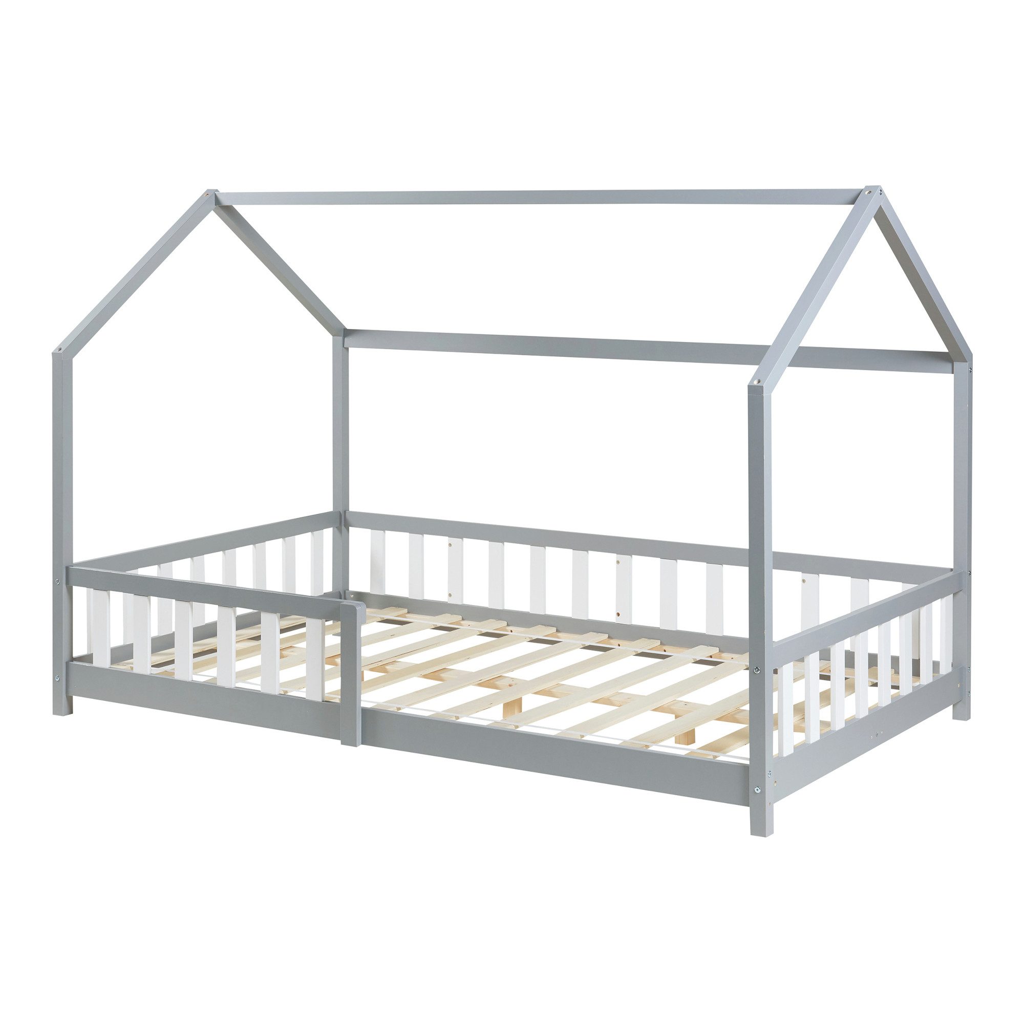 en.casa Hausbett, »Hesel« Montessori Bett Kiefernholz Grau 140 x 200 cm