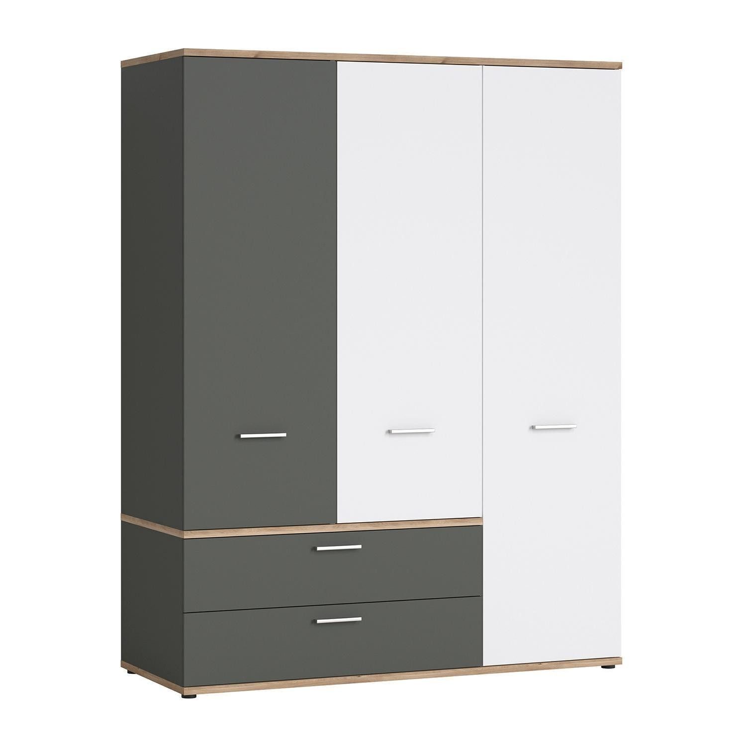 Meble Wójcik Kinderkleiderschrank TWENTY, Alpinweiß, Castello Eiche Dekor, Graphitgrau, 3 Türen, 2 Schubladen, B 150 x H 196 x T 60 cm