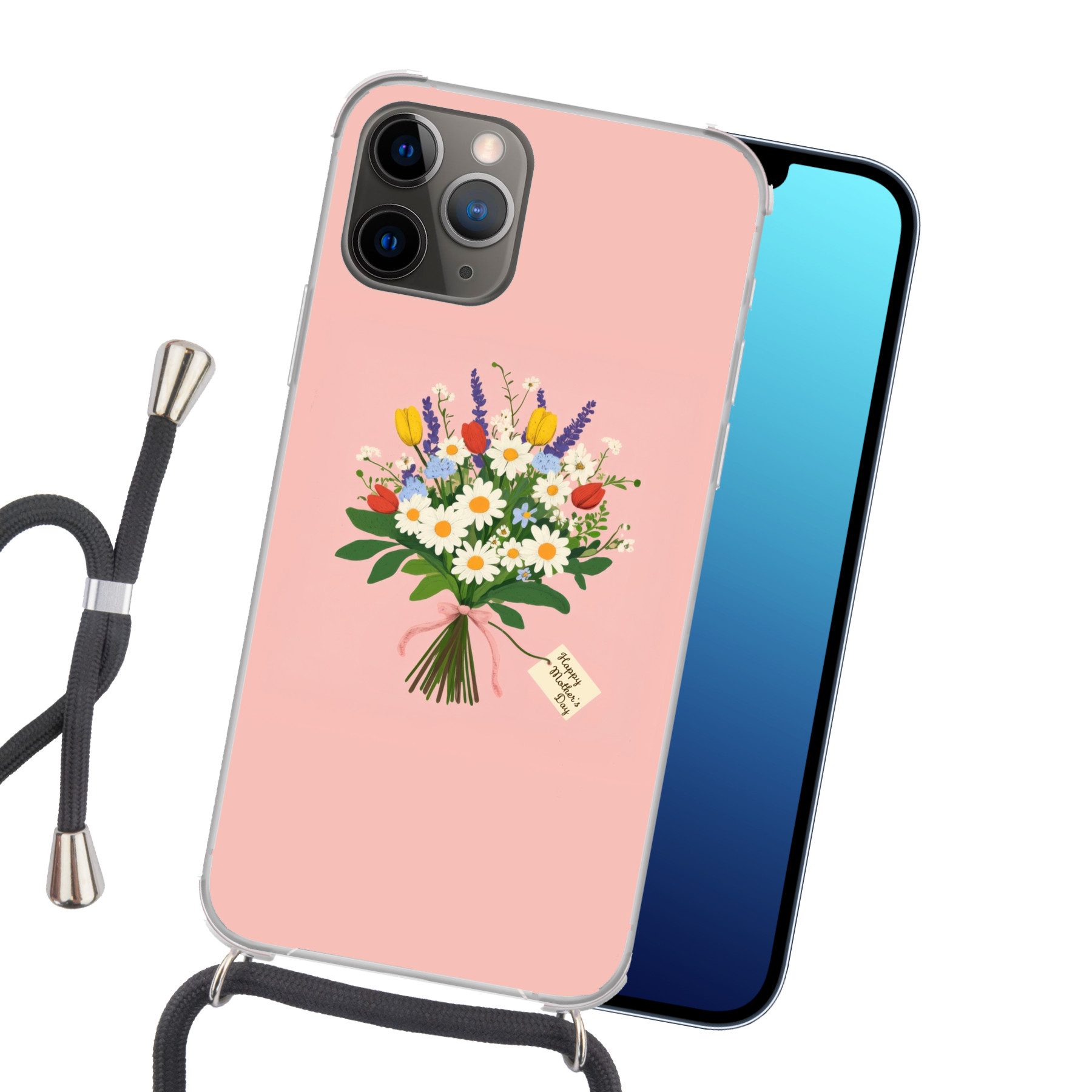 MuchoWow Handyhülle für Apple iPhone 13 Pro Max Blumen - Farbband - Karte, Tragbare Handyhüllen mit Kette zum umhängen, Handykette Handyband