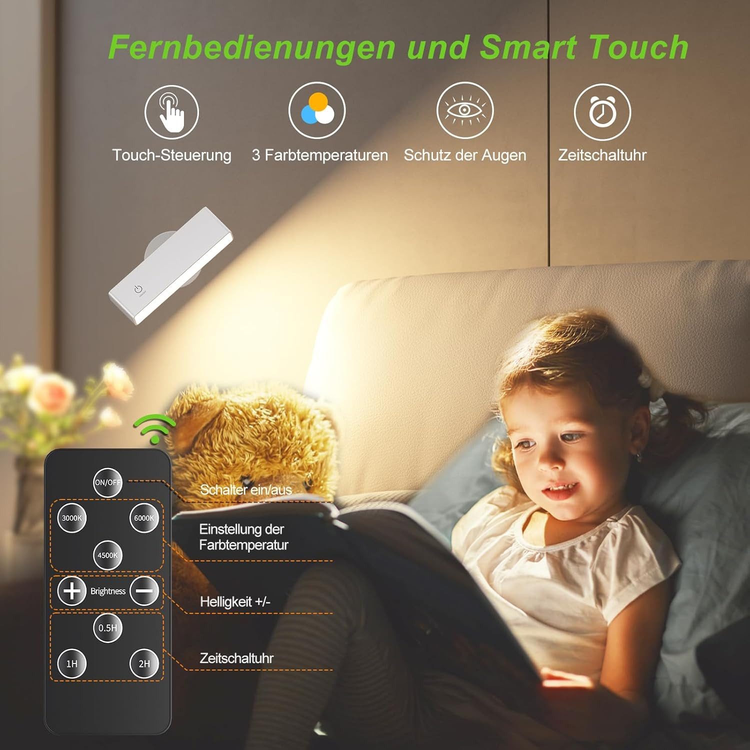 Xruiy LED Leselampe Wandleuchte USB-C, ohne Stromanschluss, 4000mAh, dimmbar, 3 Farbtemperaturen, 360° drehbar, mit Fernbedienung, 2er Set