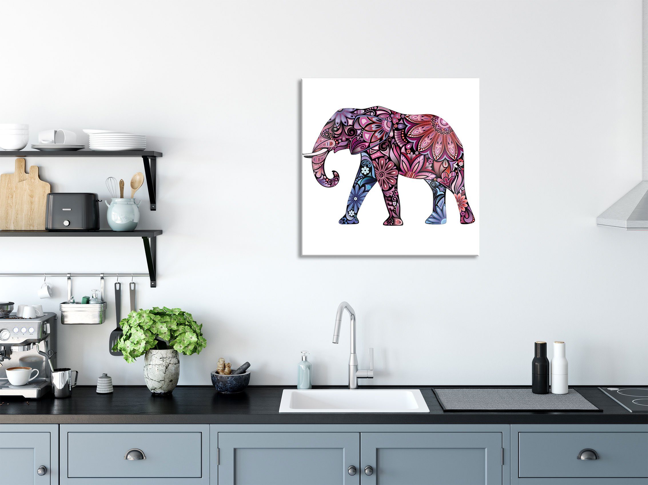 Pixxprint Glasbild Elefant aus Abstandshalter St), mit Ornamenten Ornamenten, Echtglas, mit Elefant (1 und Aufhängungen Glasbild inkl