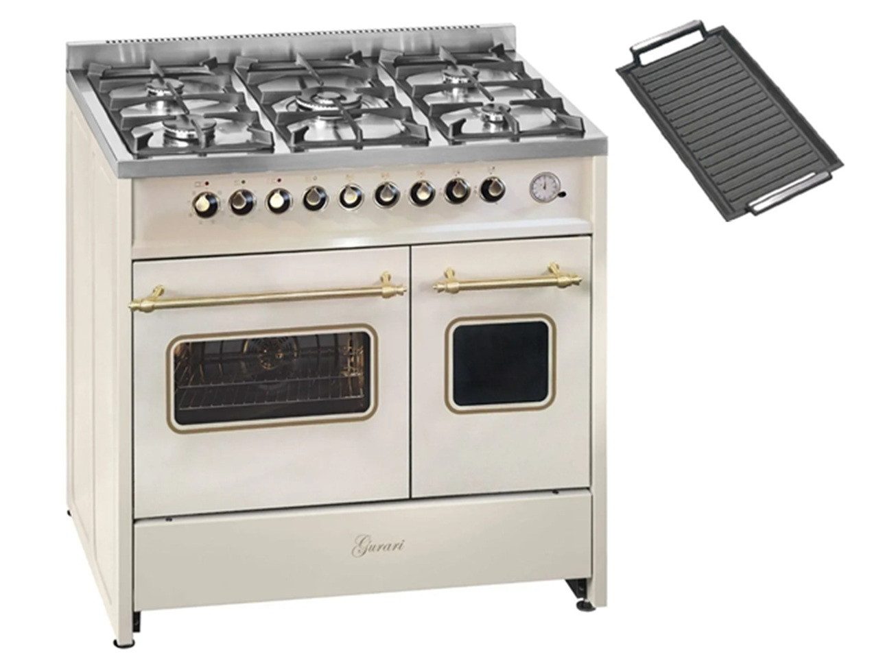 GURARI Gas-Standherd Retro-Design Creme Gas Elektro Standherd 90 cm Range Coocker GCH E 916 Cr R+Grillplatte, Retro Herd 90 cm mit Doppel Backofen, mit 1-fach-Teleskopauszug
