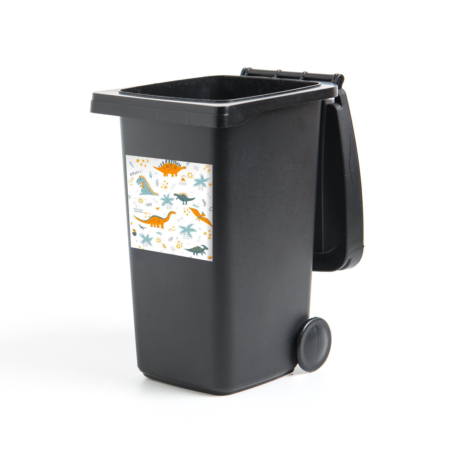 (1 Wandsticker Abfalbehälter Kinderzimmer Container, Mülltonne, Mülleimer-aufkleber, MuchoWow - St), - Sticker, Dinosaurier Orange