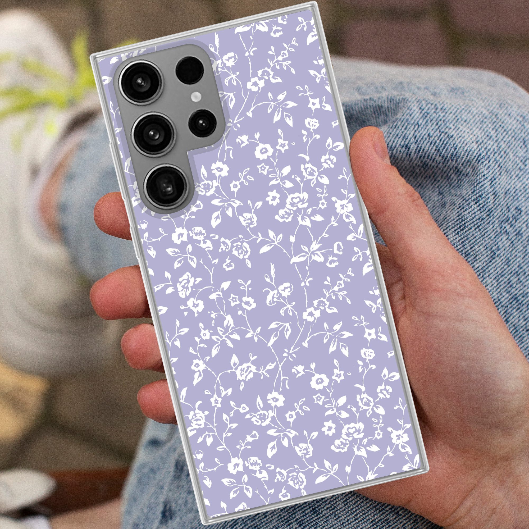 MuchoWow Handyhülle für Samsung Galaxy S23 Ultra Florales Muster - Lila - Weiß - Blumen