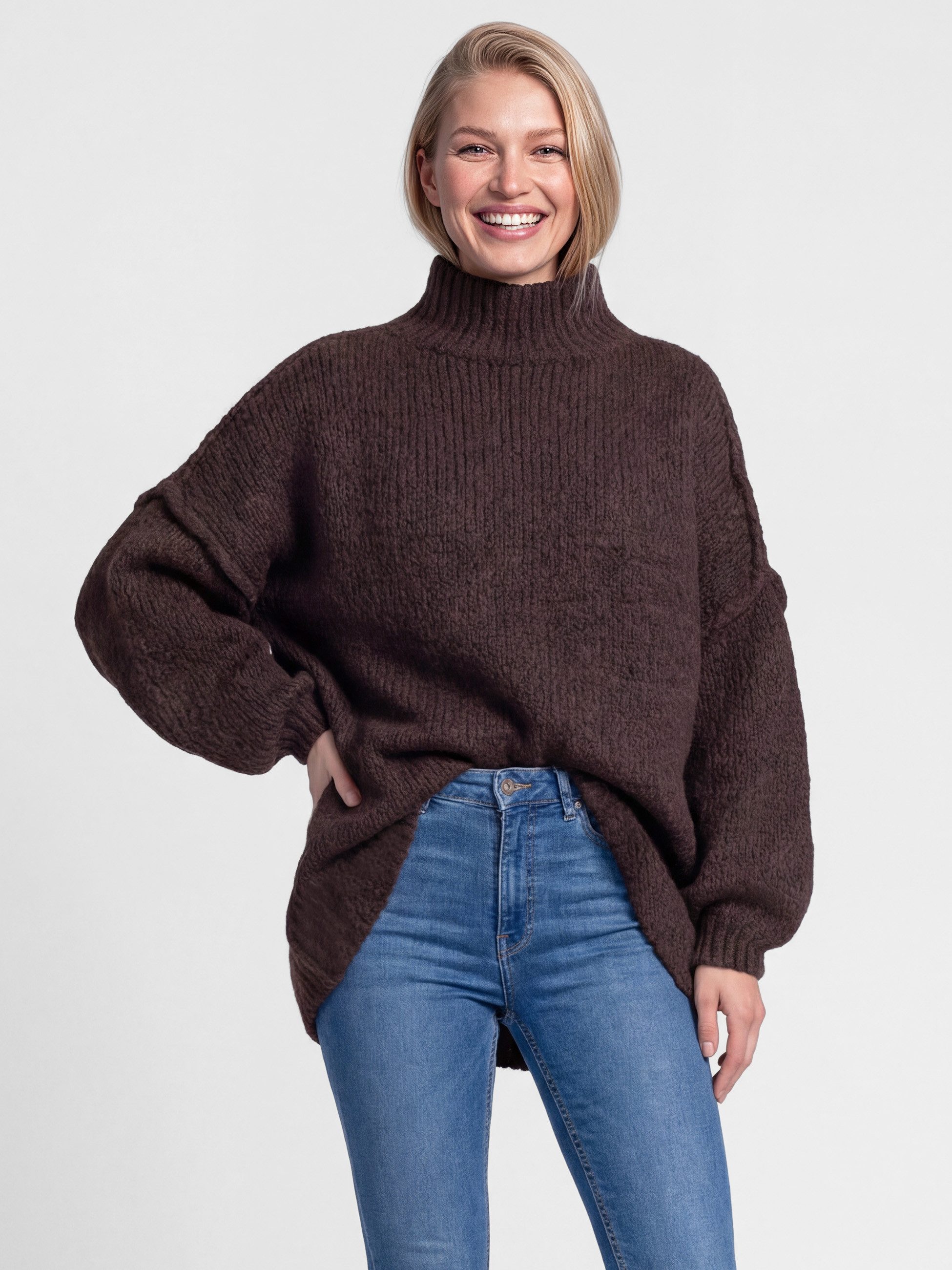 PEKIVESSA Strickpullover Ultra-Oversized Grobstrick-Pullover mit Ziernähten an den Ballonärmeln