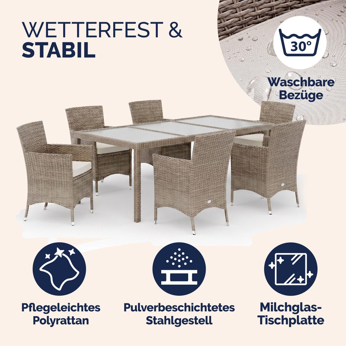Casaria Garten-Essgruppe, Stühle stapelbar mit 7cm Auflagen 190x90cm Gartentisch Terrasse Möbel