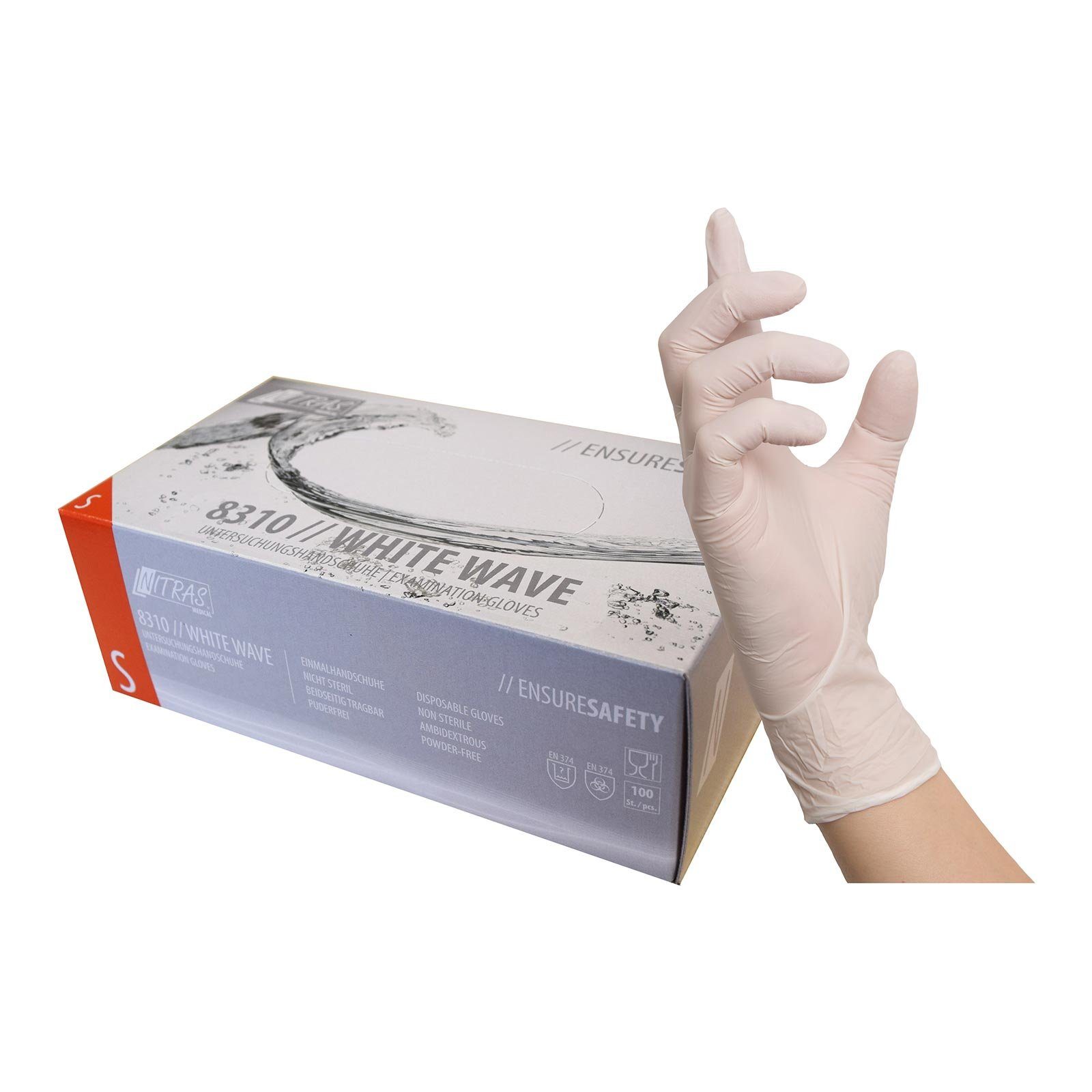 NITRAS Nitril-Handschuhe - (Spar-Set) reißfest 8310 Wave Medical White und Einmalhandschuhe 100 puderfrei Nitras