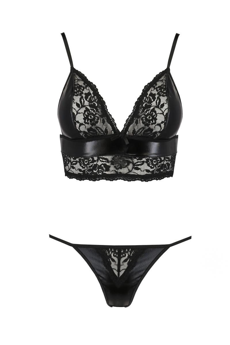 Set: Dekolleté-BH Schwarzes Frauen Dessous Set BH mit Schnürung und Slip aus wetlook Mat