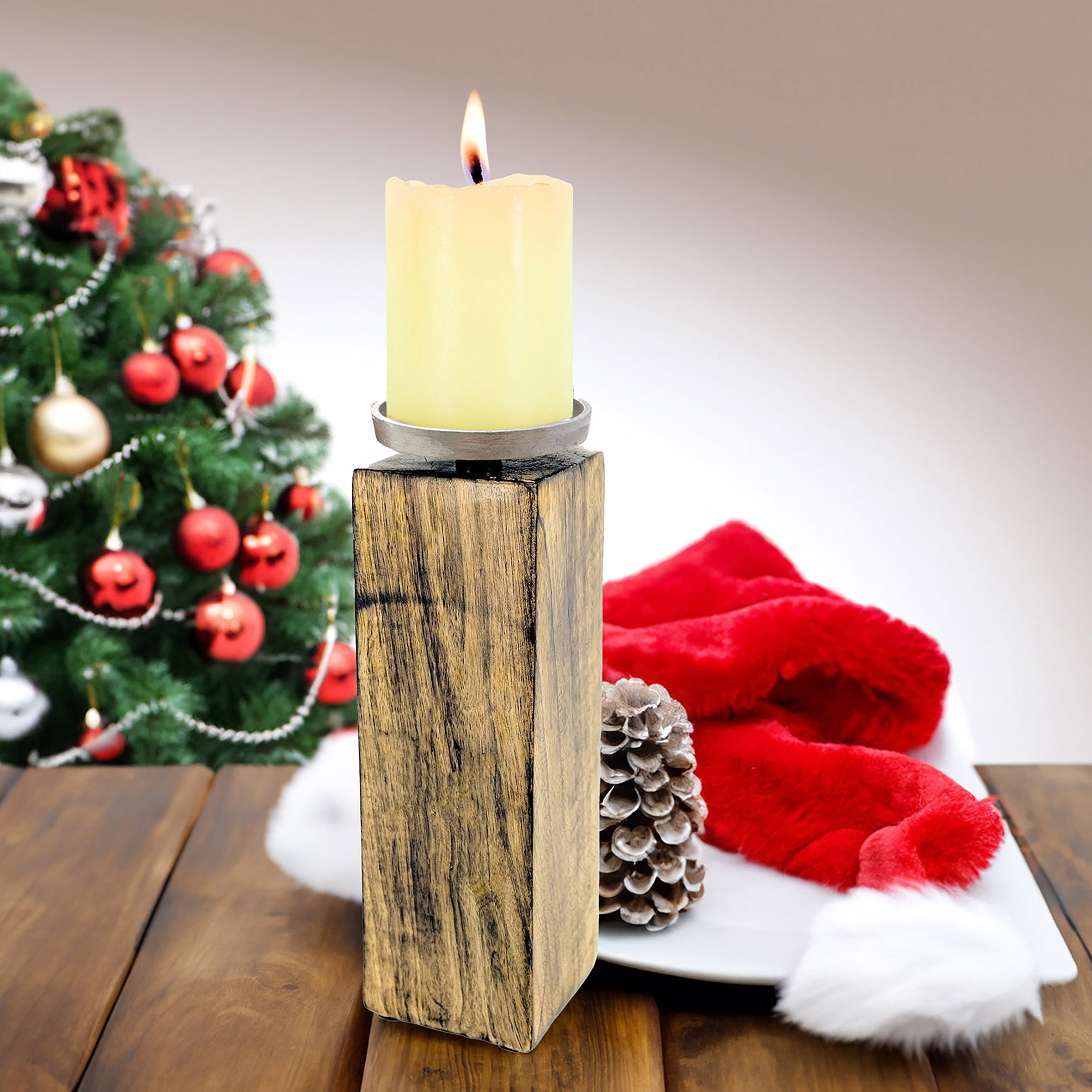Spetebo Kerzenständer Mango Kerzenständer m. Alu Halter - groß / 25 cm (Set, 1 St., Kerzenhalter), Holz Stumpen Kerzen Leuchter