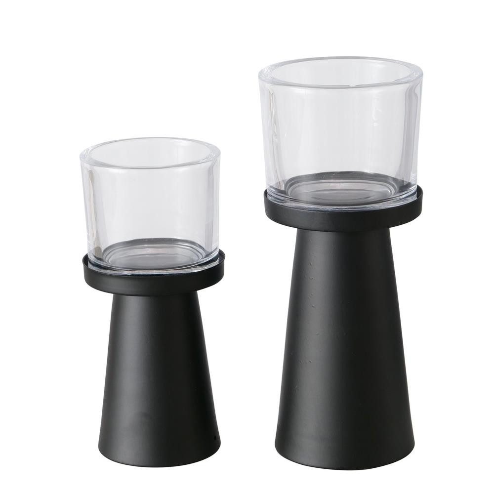 BOLTZE Windlicht Kerzenhalter Pius 2er Set Metall schwarz, skandinavisch, pulverbeschichtet, mit Klarglas, kompakt