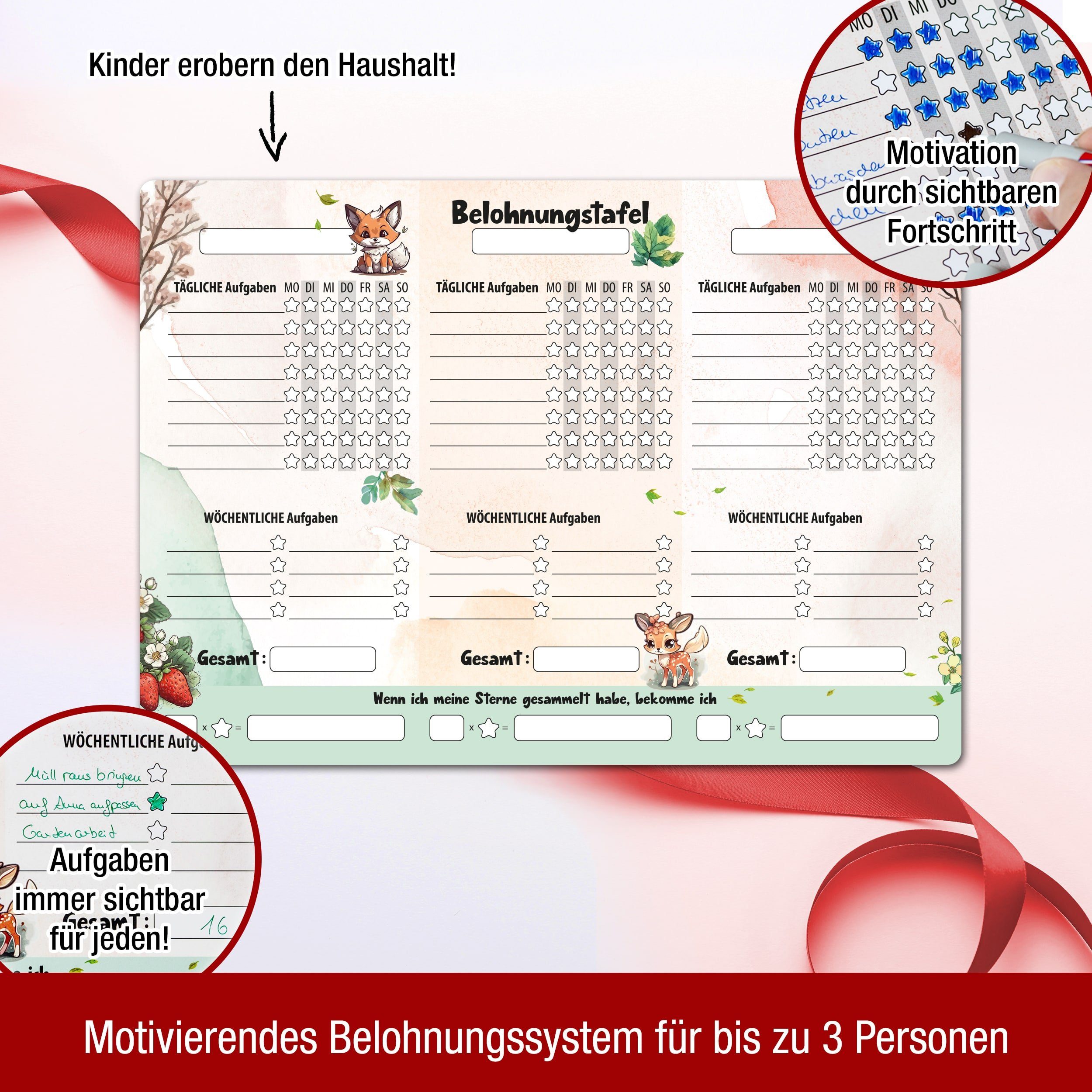 TOBJA Magnettafel A3 Belohnungstafel [Waldtiere] +4 Stifte Kinder magnetisch, Belohnungssystem magnetisch inkl. 4 Bunte Markenstifte – Bild 2 von 5