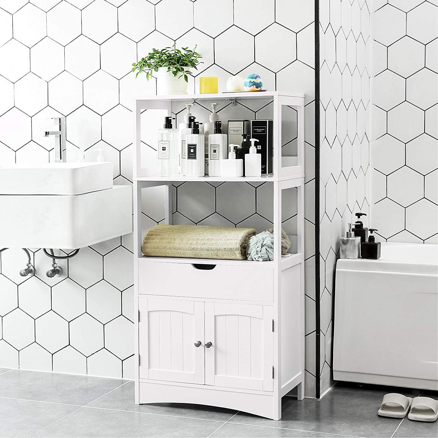 VASAGLE Badkommode BBC64WT Badschrank vielseitig einsetzbares Badregal  mit 4 Etagen Badezimmerschrank aus Holz wei 60 x 122 x 325 cm B x H x  