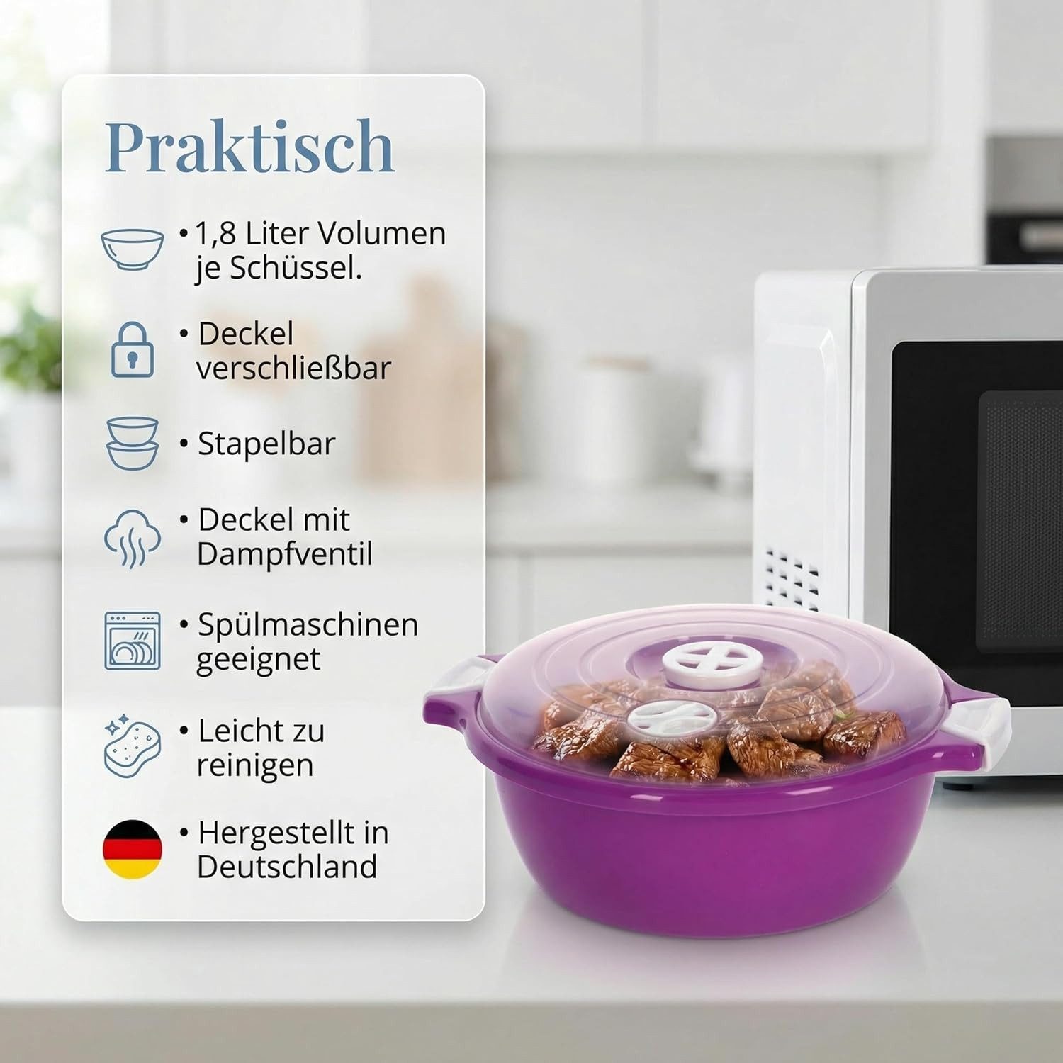 Lantelme Mikrowellenbehälter Mikrowellenschüssel 1,8 Liter violett stapelbar, Kunststoff, (1-tlg., Für Mikrowelle, Gefrier- und Kühlschrank, Picknick), Schüssel – Bild 2 von 5