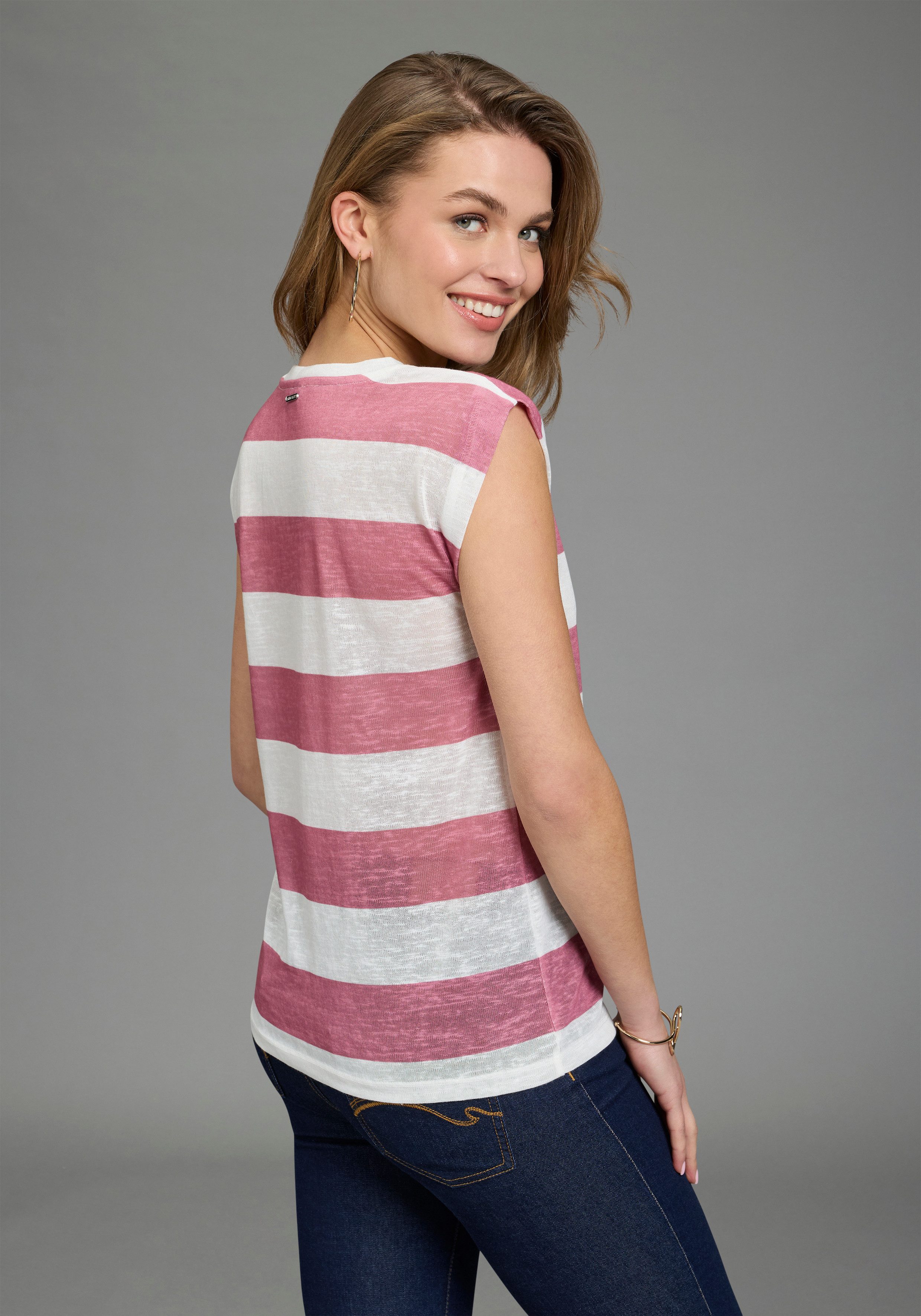 Laura Scott T-Shirt in strukturierter Leinen-Optik, gestreiftes Design