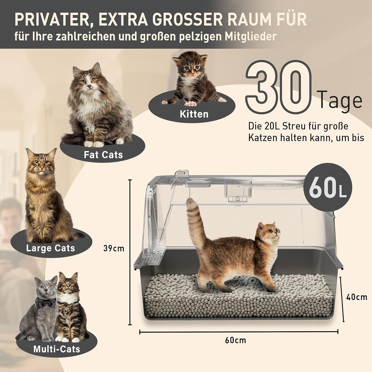 Refined Living Katzentoilette Extra große geschlossene, XXL Edelstahl-Katzentoilette, 60x40x39 cm, mit Stufe, XL, Zwei-Eingang, Geruchshemmend, Antihaft, 60*40*39CM