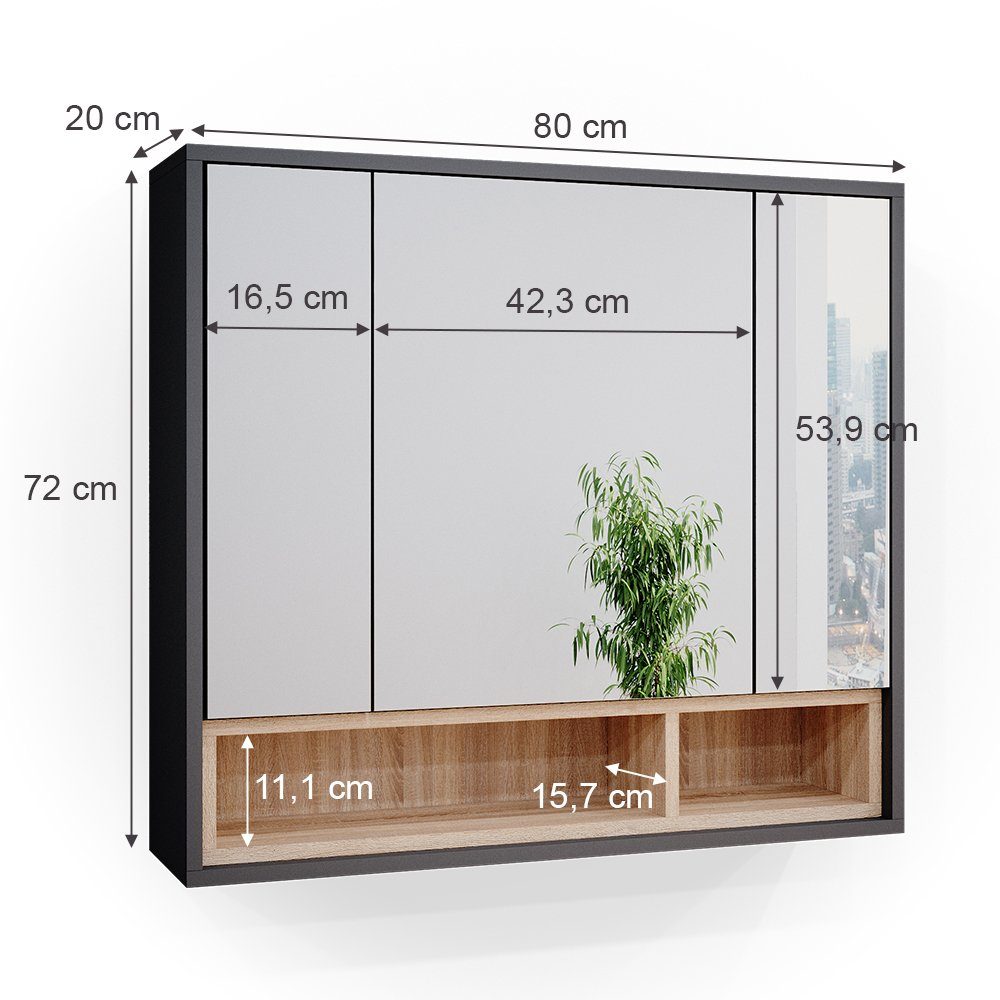 Vicco Badezimmerspiegelschrank Beatrice, Anthrazit/Sonoma, 80 x 72 cm (1-St)