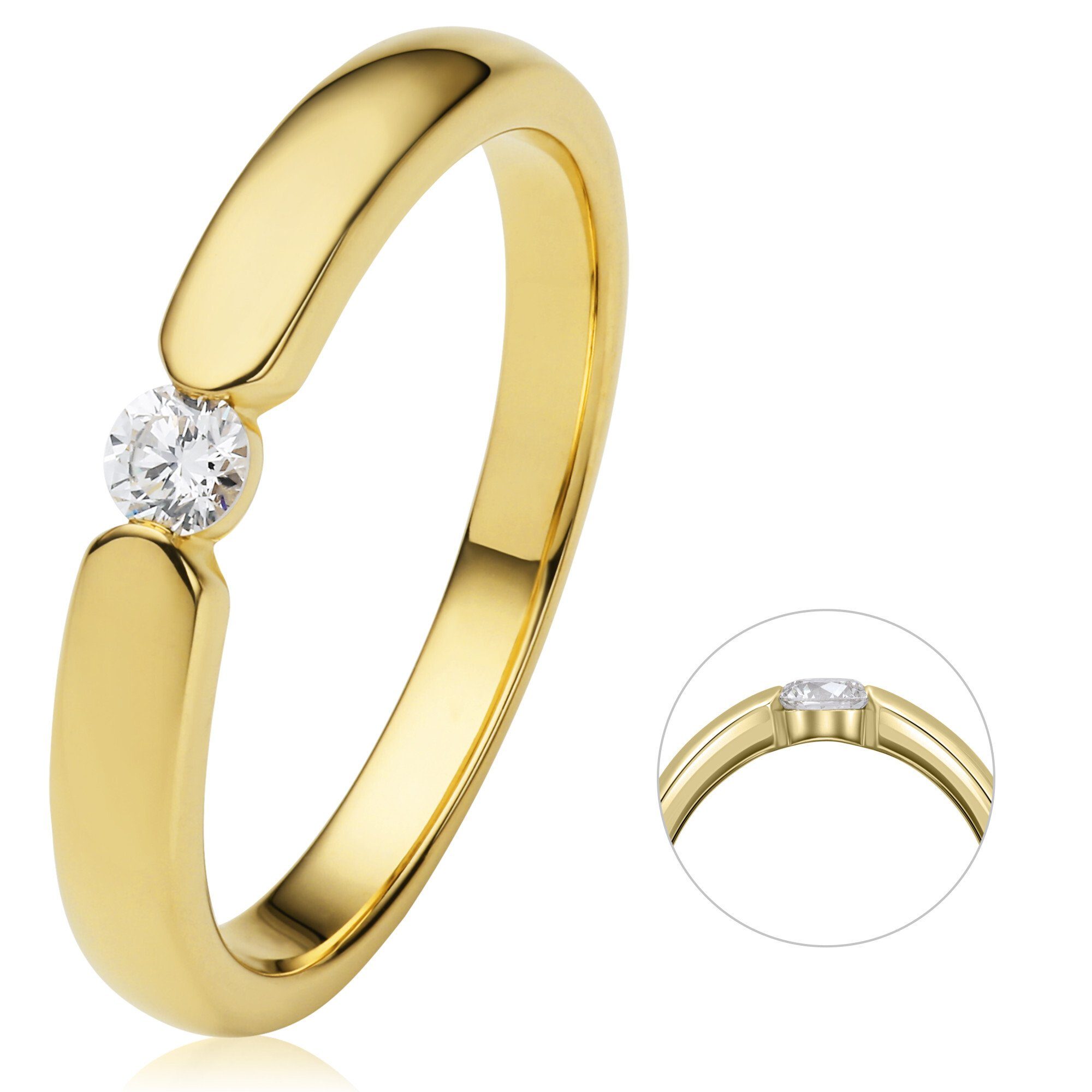 Spannfassung Ring Gelbgold, ELEMENT Brillant aus Spannfassung Schmuck Damen 585 Diamant ct Gold 0.13 Diamantring ONE