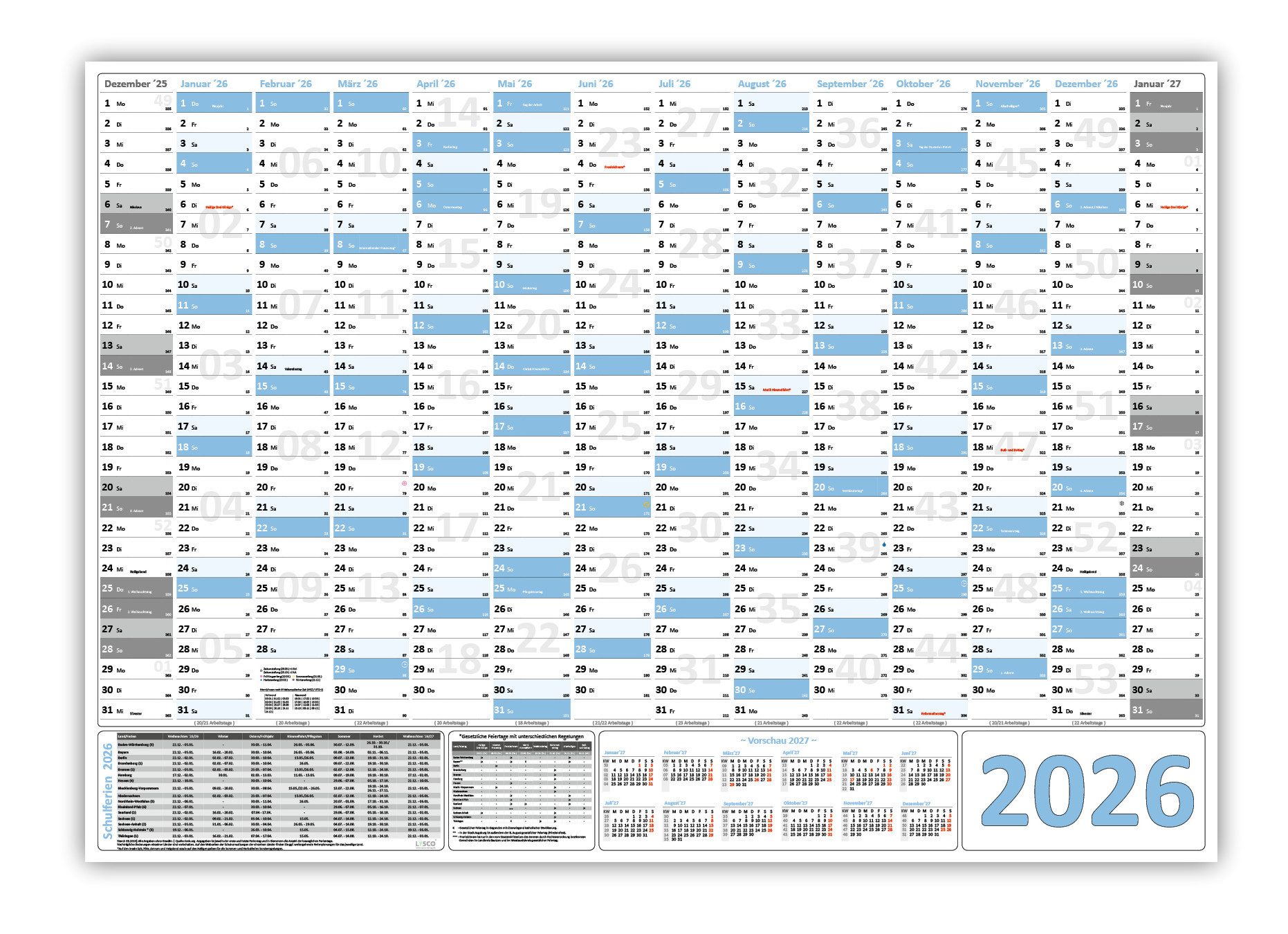 LYSCO Wandkalender Classic1 Wandplaner DIN A0 2026 (hellblau), DIN A0 Format (841 x 1189 mm) Darstellung 14 Monate mit Jahresvorschau Folgejahr, und Ferientermine / Feiertage aller Bundesländer