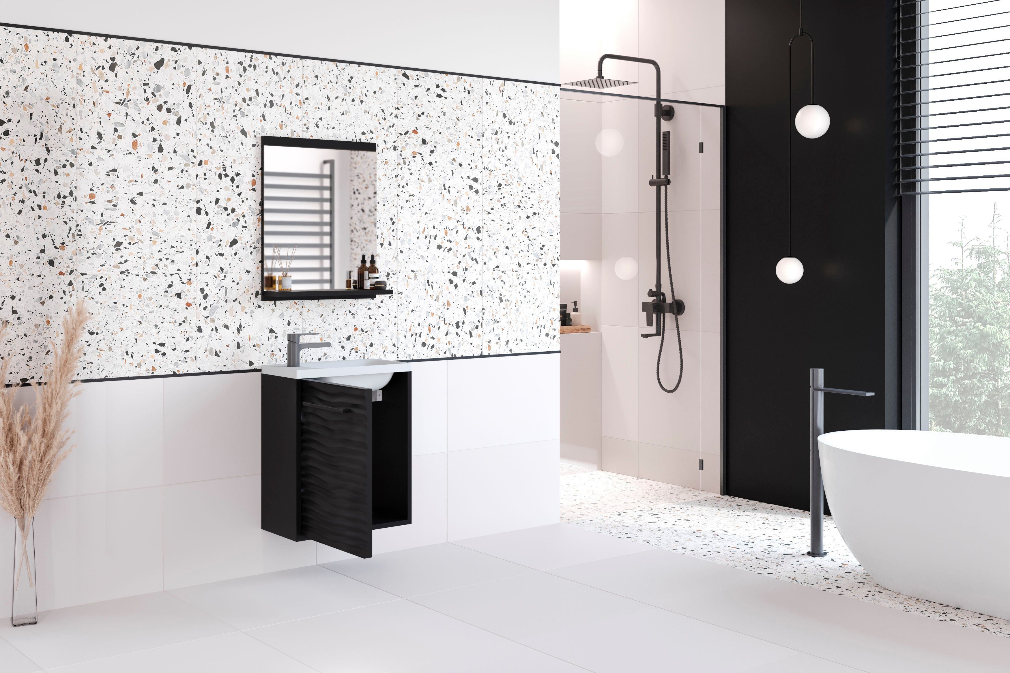 welltime Badmöbel-Set Canada, (Komplett-Set, 2-St., Fronten mit Wellenstruktur), Badmöbel mit Soft-Close, Gästebad Waschtisch mit Becken und Spiegel