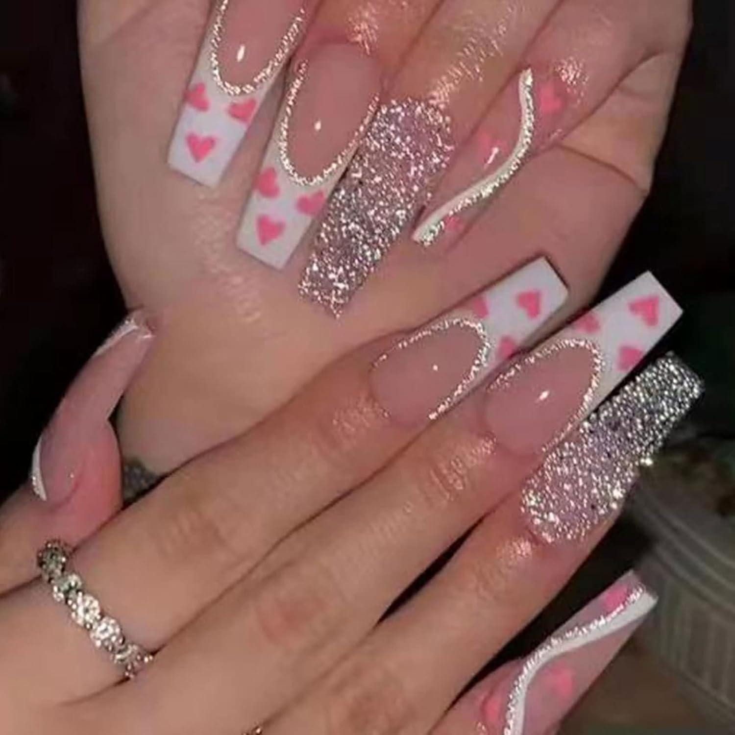Kunstfingernägel Ceboic 24 Stück Lange Press on Nails Glitter Ballerina Französische