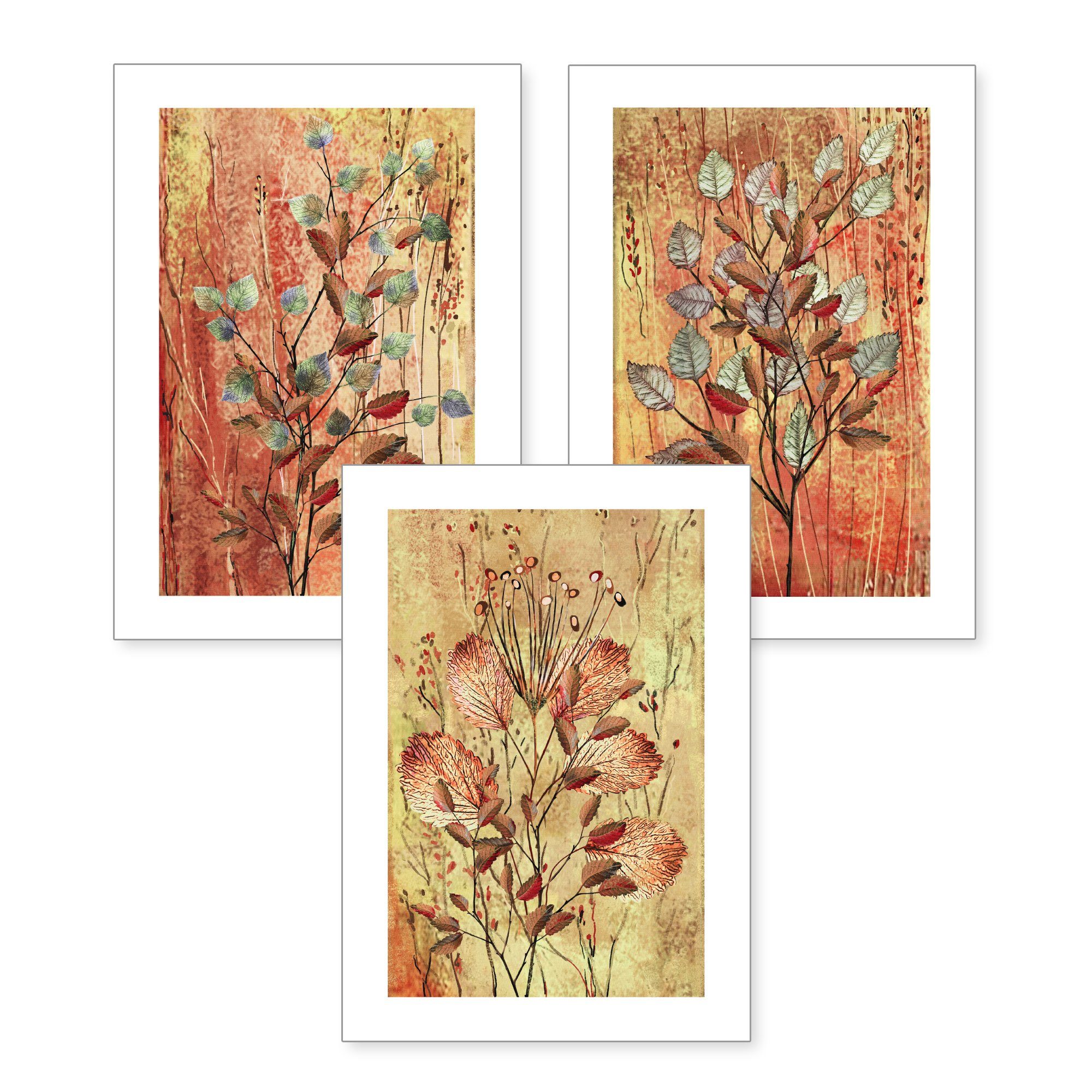 Kreative Feder Poster, Herbst, Natur, Blätter, Zweig, Baum, Zeichnung (Set, 3 St), 3-teiliges Poster-Set, Wandbild, optional mit Rahmen, DIN A4 oder A3