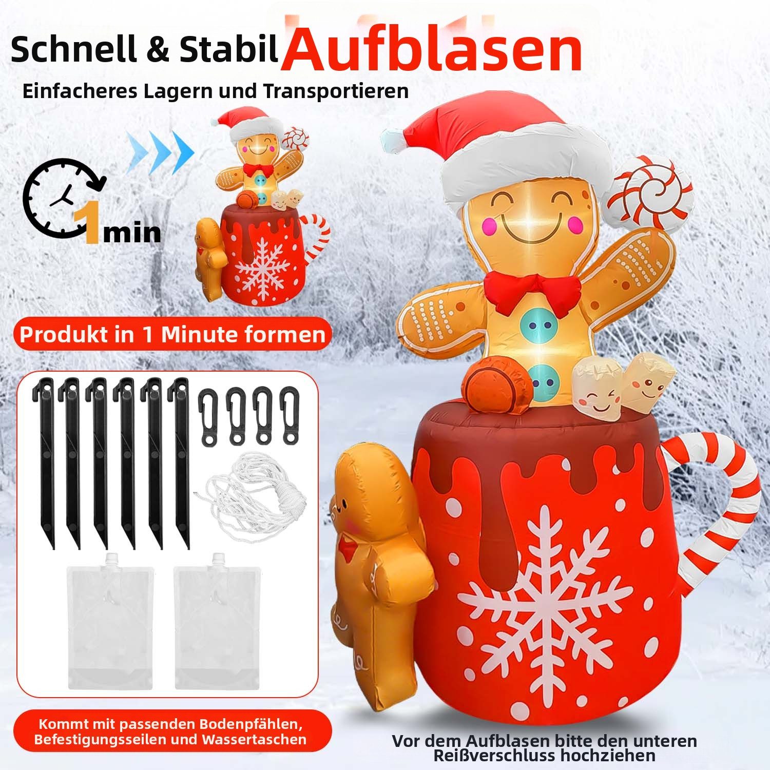 GVDV Weihnachtsfigur Aufblasbare Weihnachtsdeko 1,8 m Lebkuchenmann mit LED-Beleuchtung (Set, Weihnachtsdeko mit Zubehör), IP65 Wetterfest, für Innen- & Außenbe – Bild 4 von 5