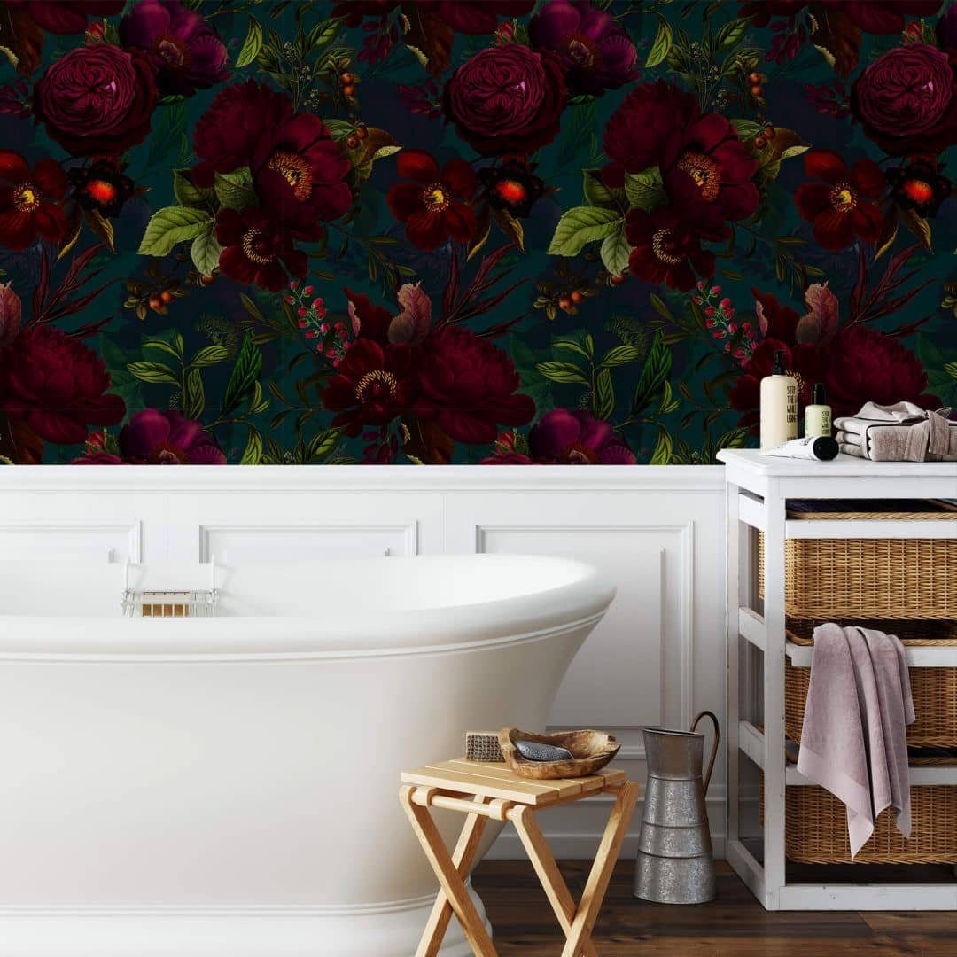 K&L Wall Art Mustertapete Vintage Blumentapete Rosen Vliestapete Blüten Mustertapete Floral dunkel, Barock Tapete