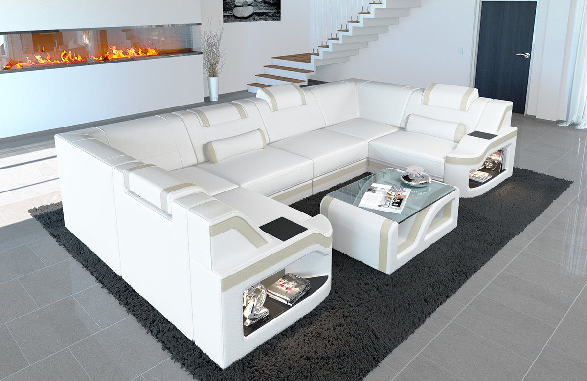 Sofa Dreams Wohnlandschaft Ledercouch Sofa Leder Padua U Form Ledersofa, Couch, mit LED, wahlweise mit Bettfunktion als Schlafsofa, Designersofa